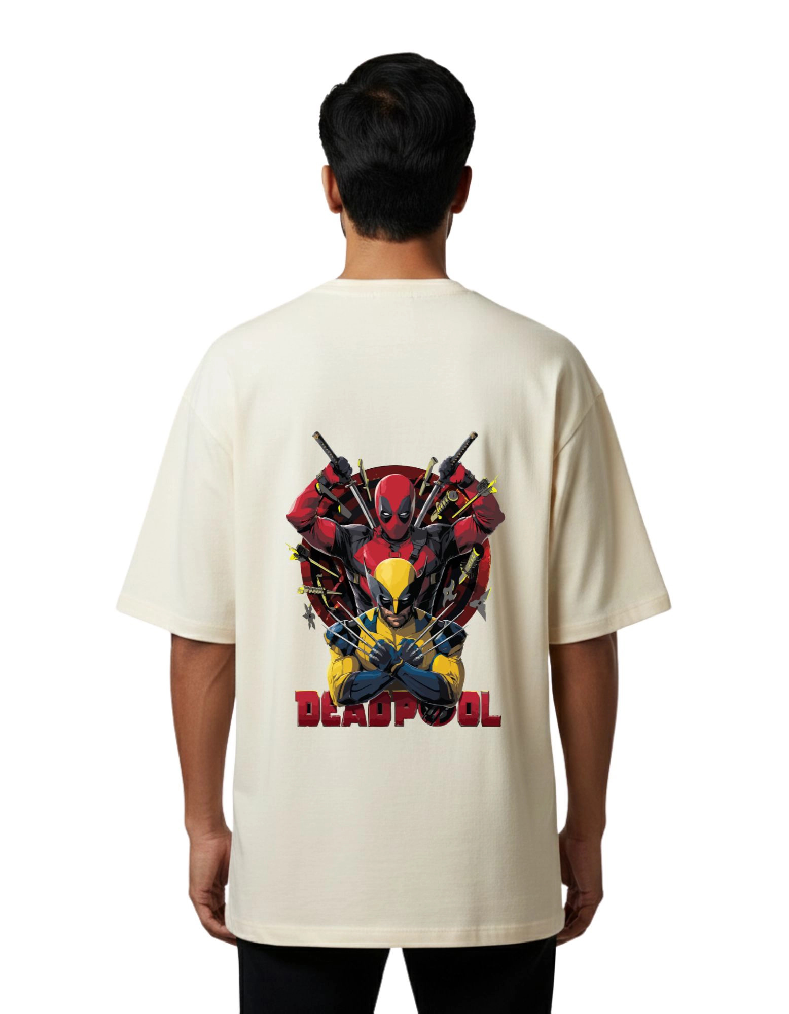Deadpool Wolverine Graphic Oversized Cotton French Terry 240 GSM T-Shirt Beige
