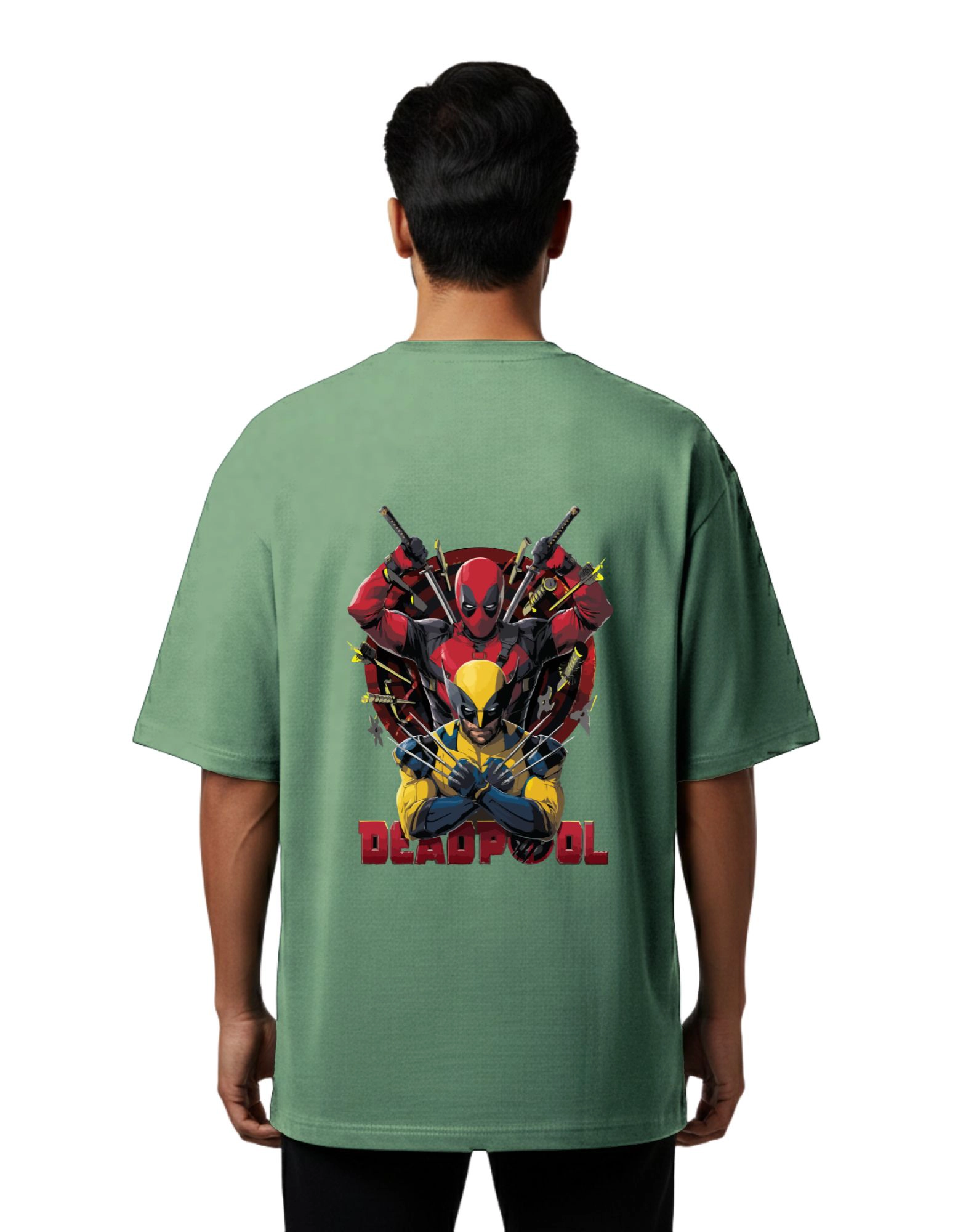Deadpool Wolverine Graphic Oversized Cotton French Terry 240 GSM T-Shirt D Green