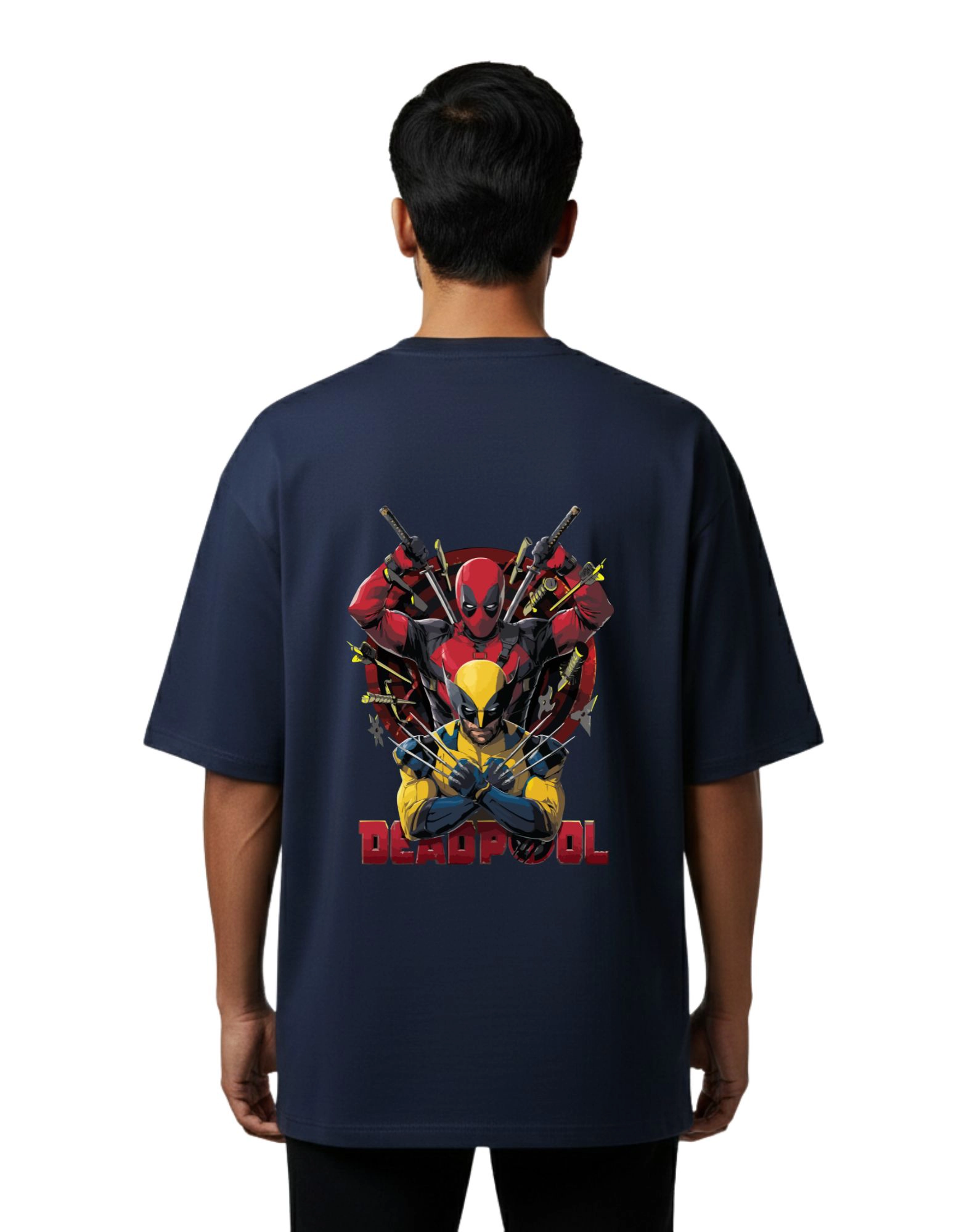 Deadpool Wolverine Graphic Oversized Cotton French Terry 240 GSM T-Shirt Navy Blue