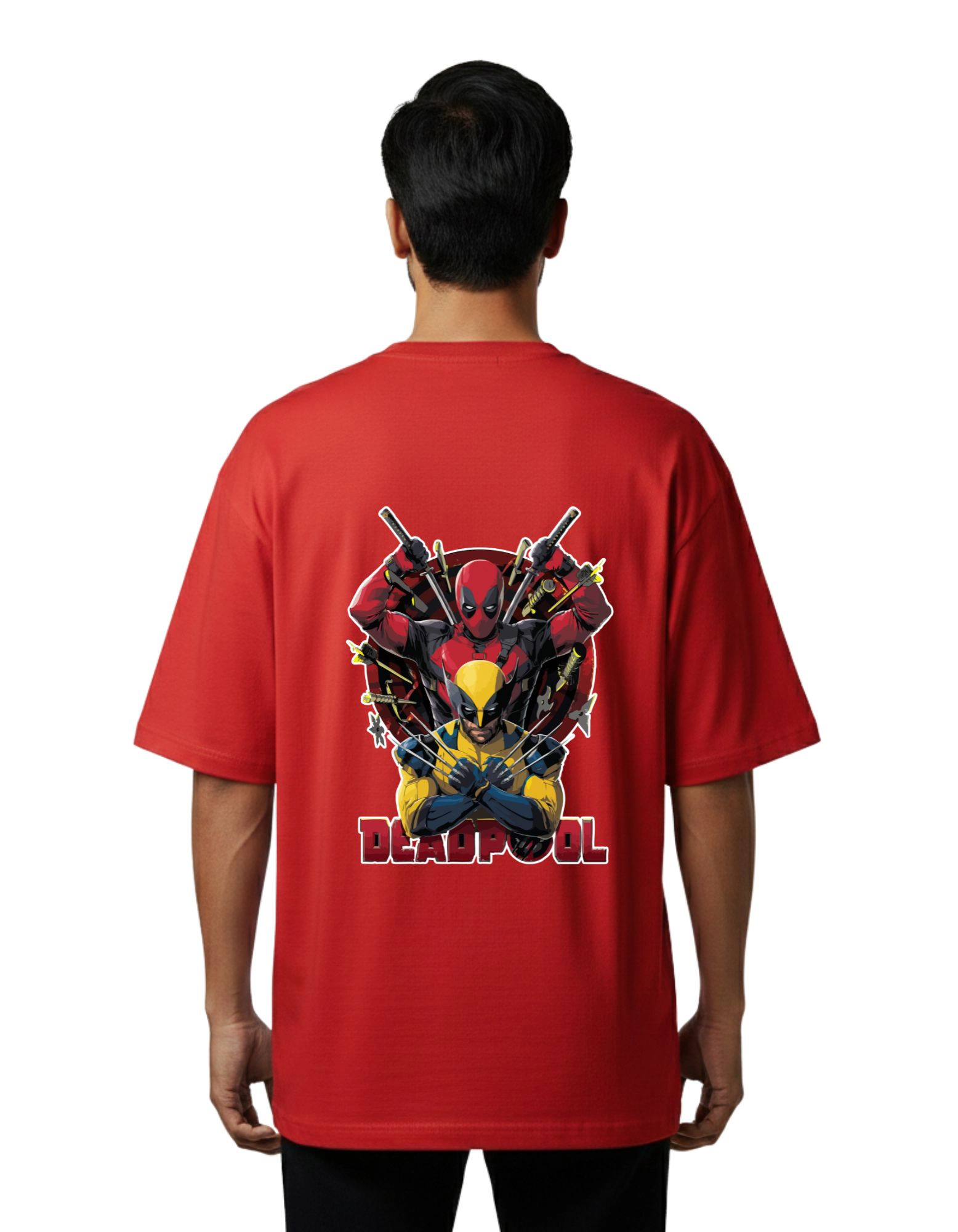 Deadpool Wolverine Graphic Oversized Cotton French Terry 240 GSM T-Shirt Red