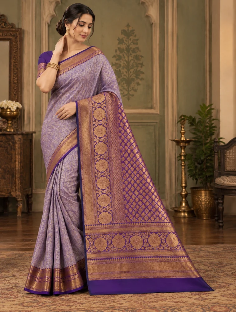 Deep Plum Purple Womens Elegant Tissue Brocade Saree with Rich Zari Border