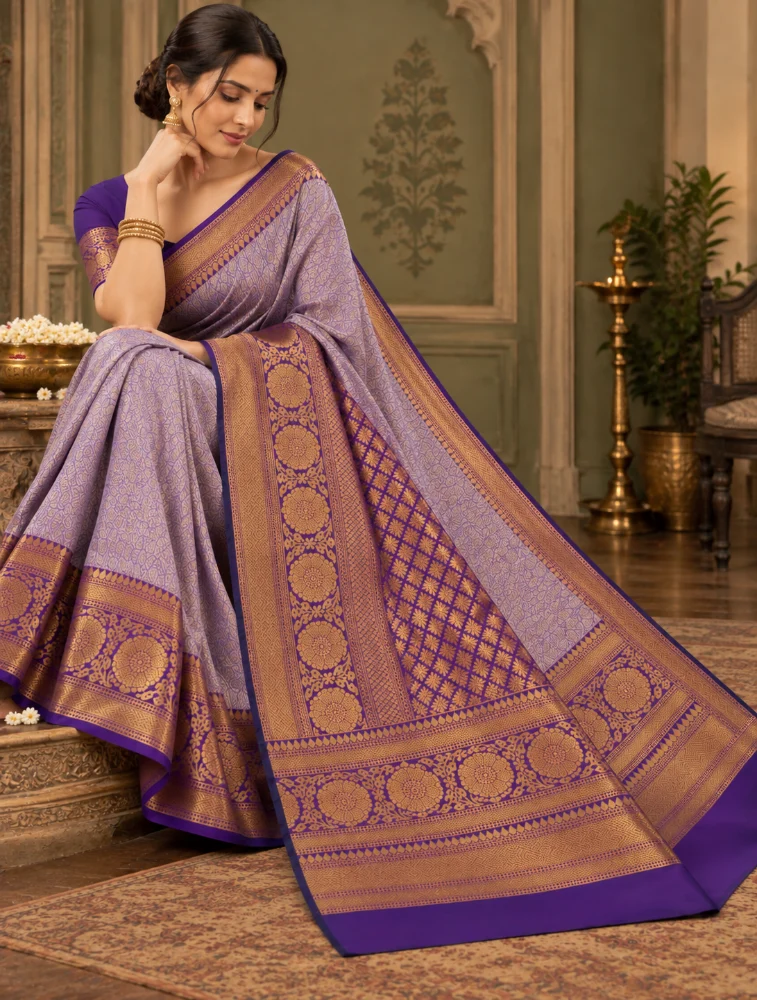   Deep Plum Purple Womens Elegant Tissue Brocade Saree with Rich Zari Border