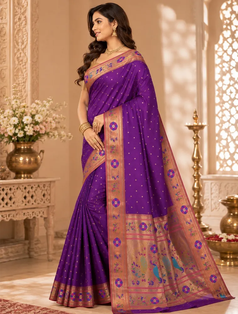 Deep Plum Purple Womens Premium Semi Paitani Sarees With Flower Border