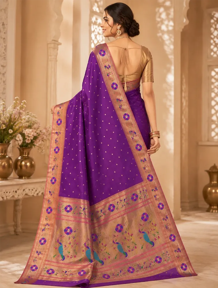 Deep Plum Purple Womens Premium Semi Paitani Sarees With Flower Border