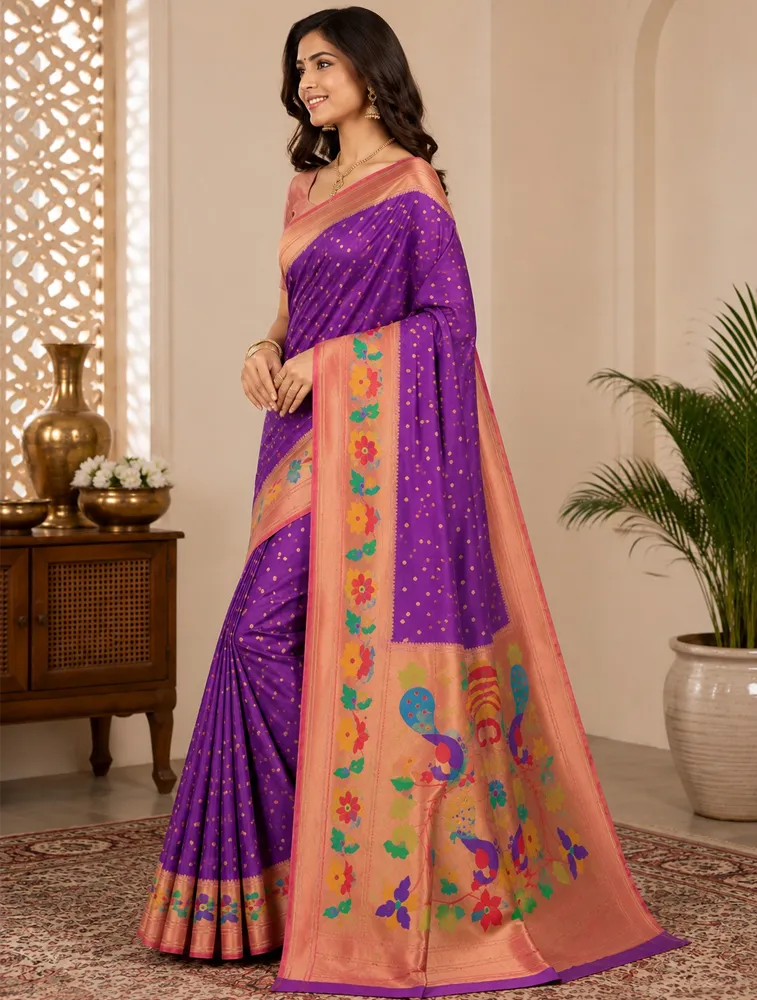 Deep Plum Purple Womens Premium Semi Paitani sarees With Munia Border