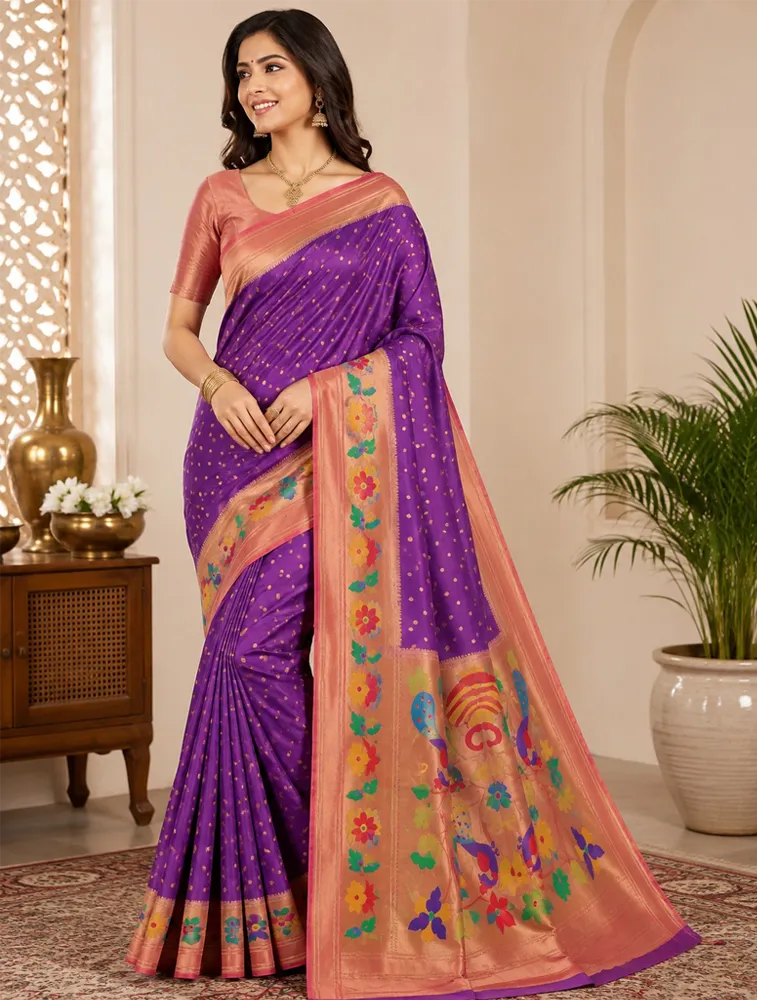 Deep Plum Purple Womens Premium Semi Paitani sarees With Munia Border  