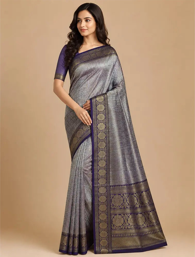 Deep Plum Purple Womens Premium Tissue Brocade 3 Card Saree