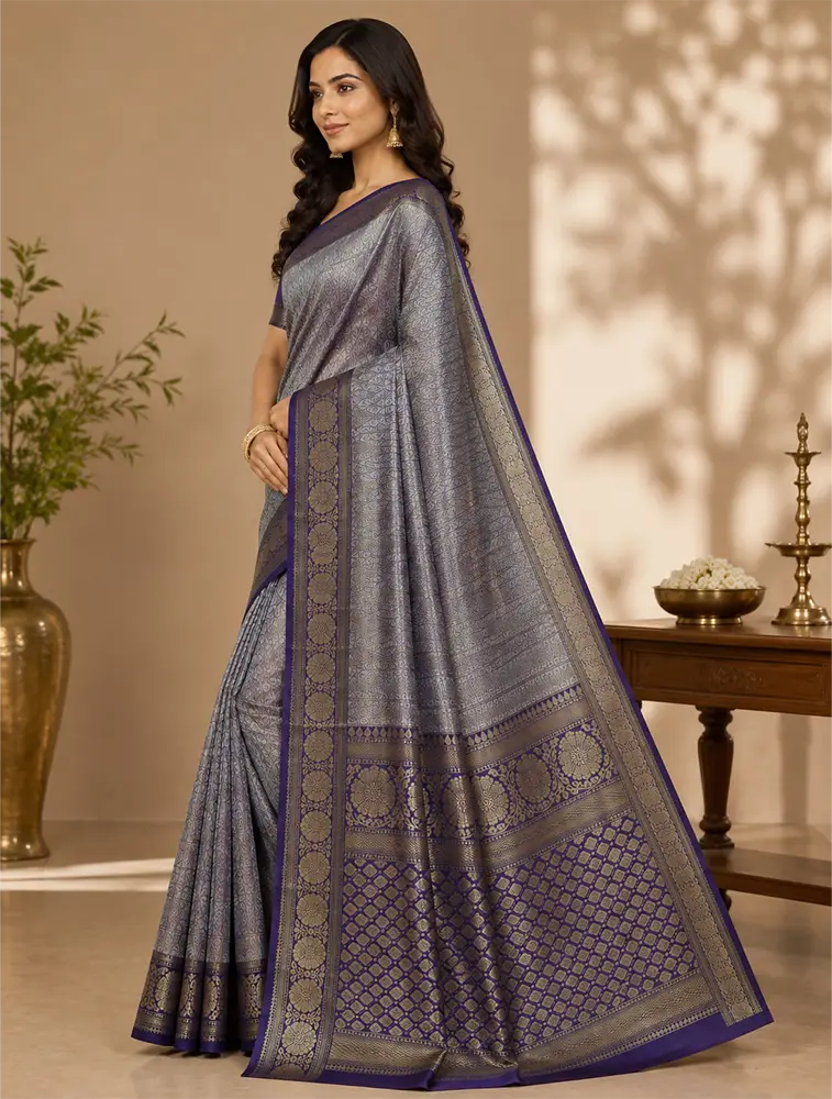 Deep Plum Purple Womens Premium Tissue Brocade 3 Card Saree
