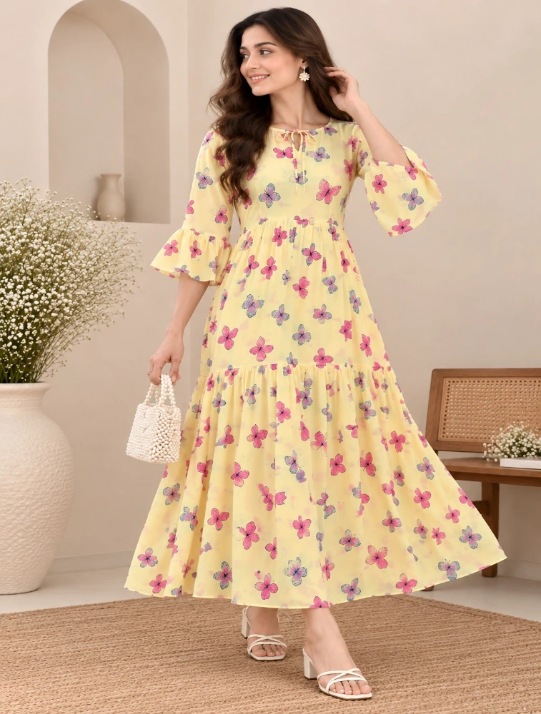 Deep Yellow Womens Elegant Floral Printed Casual Top
