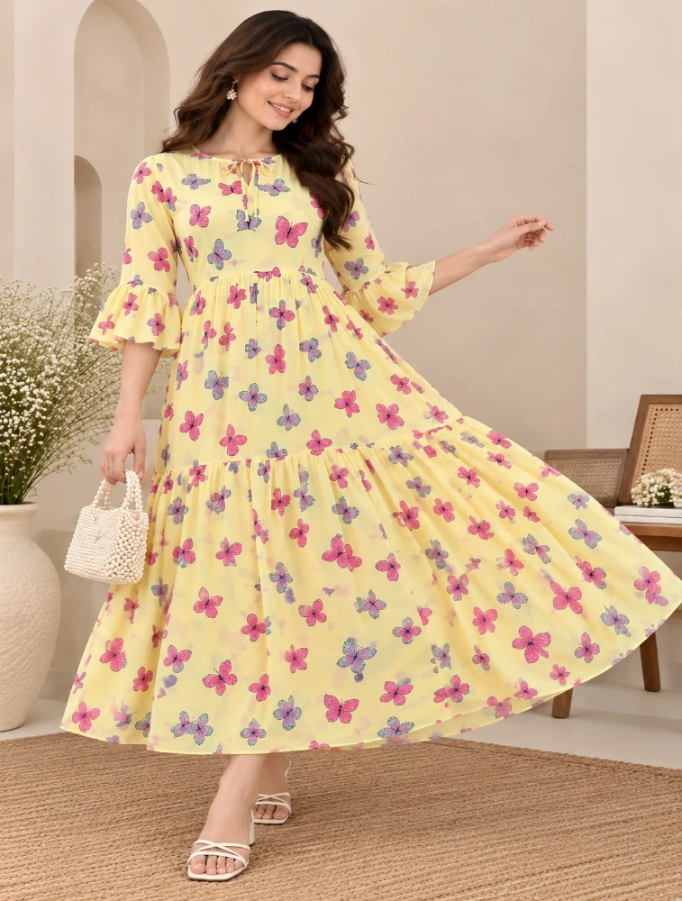 Deep Yellow Womens Elegant Floral Printed Casual Top