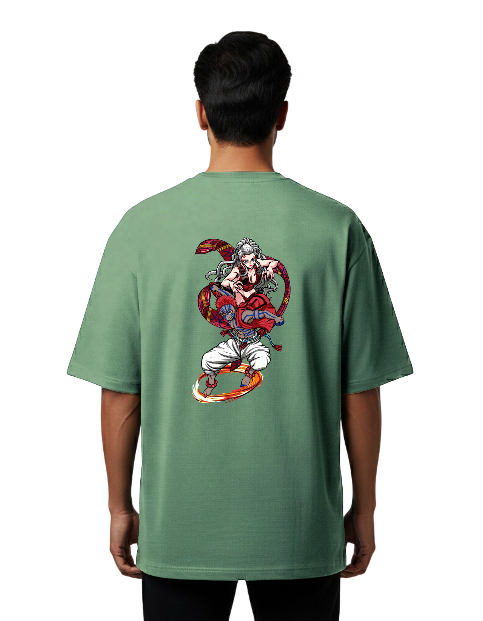 Demon Slayer Flame Breather Oversize Cotton French Terry T-Shirt 240 GSM D Green