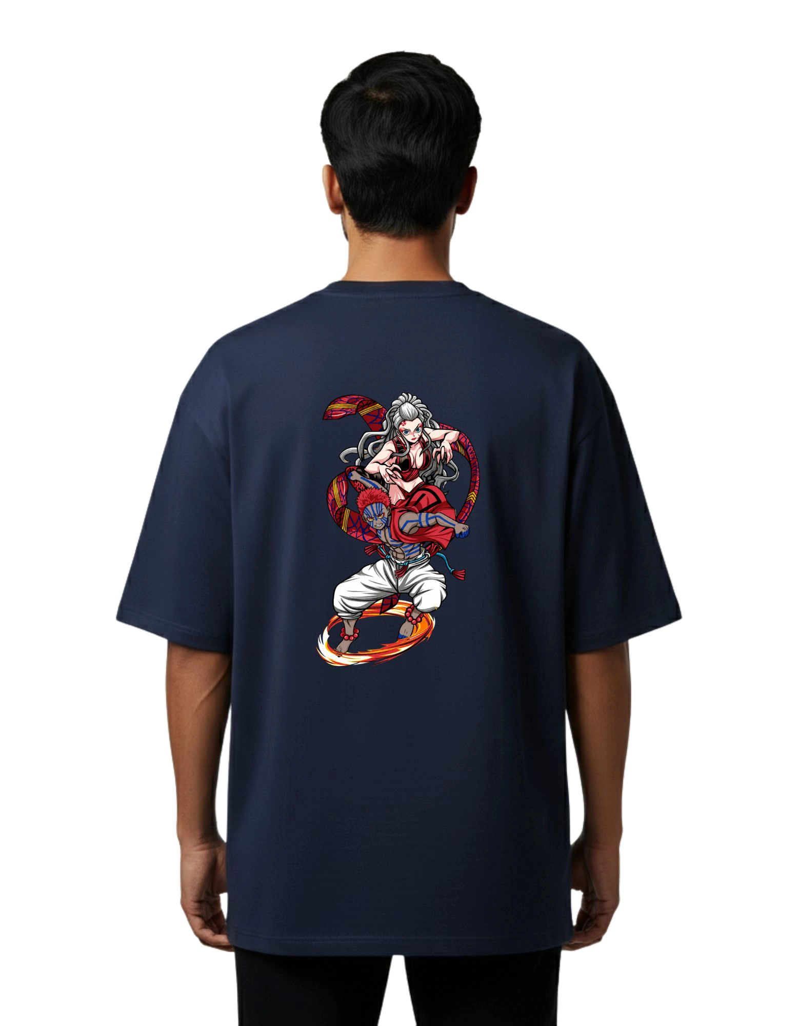 Demon Slayer Flame Breather Oversize Cotton French Terry T-Shirt 240 GSM Navy Blue