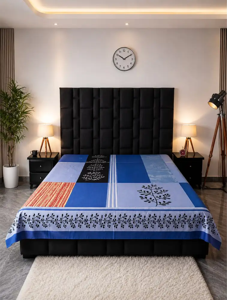 Denim Blue Cotton Printed Double Bed King Size Bedsheet  