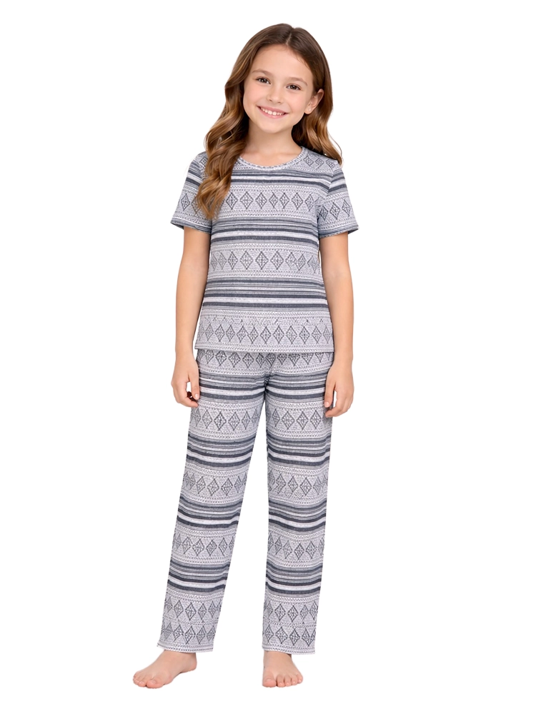 Denim Blue Girls  Cotton Printed Night Suit Set