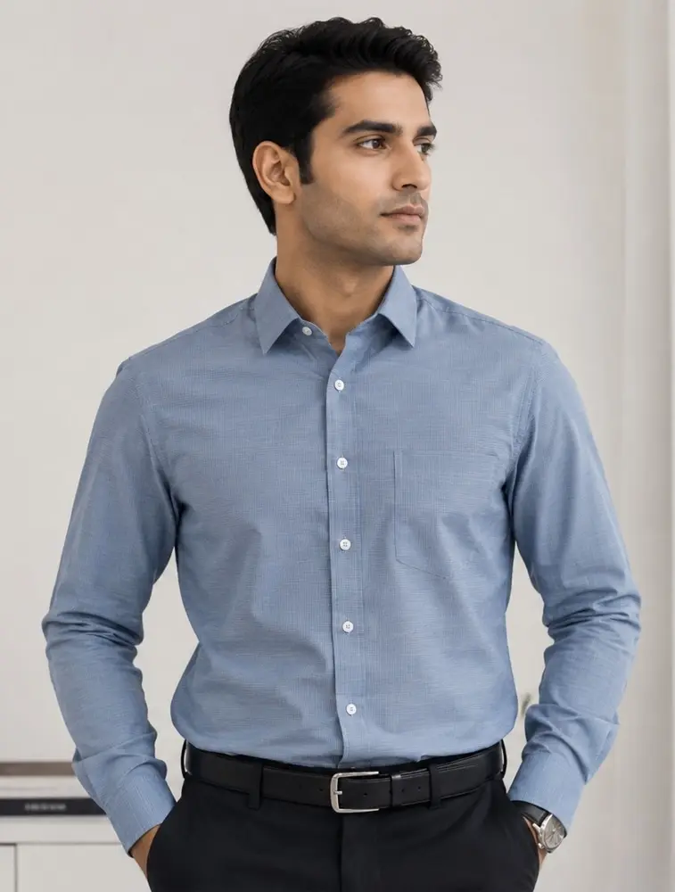 Denim Blue Men's Check Casual Cotton Shirts