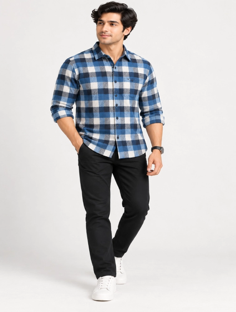 Denim Blue Mens Slim Fit Checks Casual Shirt