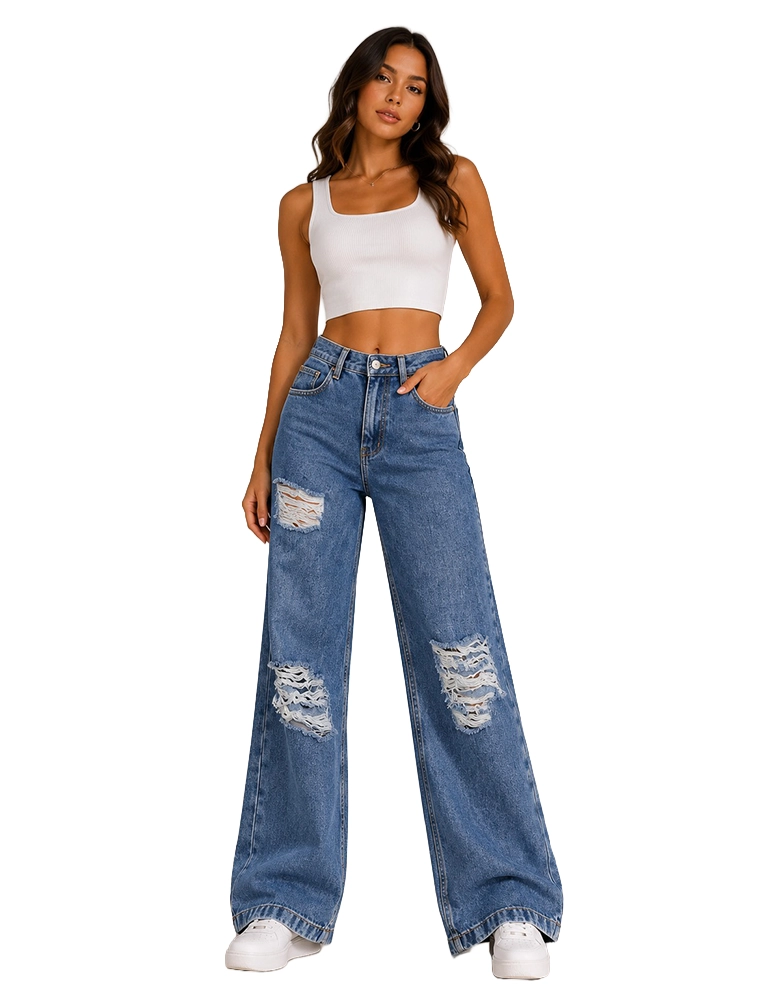 Denim Blue Women Skyline Wide Leg Distressed Jeans