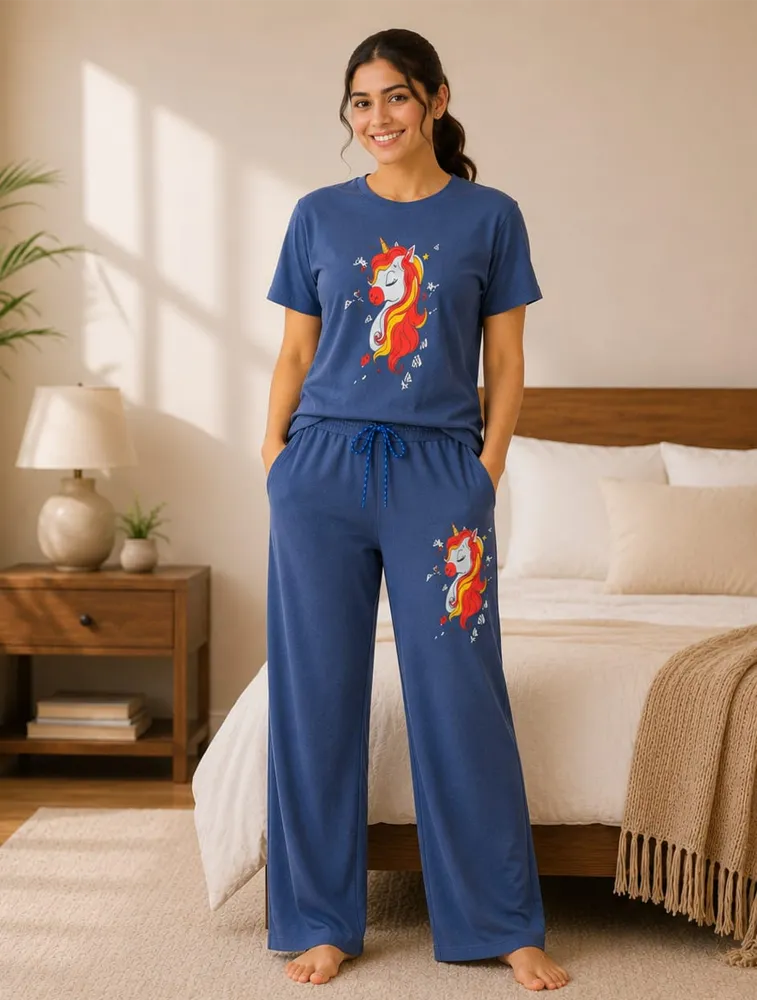 Denim Blue Womens Premium Printed Night Wear