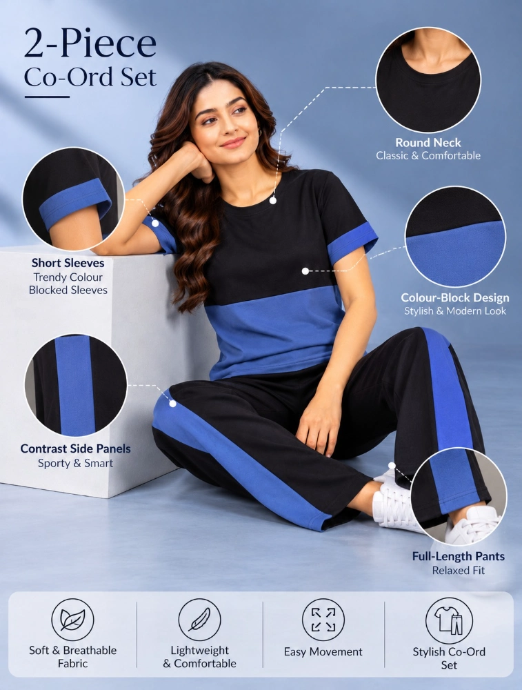 Denim Blue and Black Womens Patta Sport Night Suit