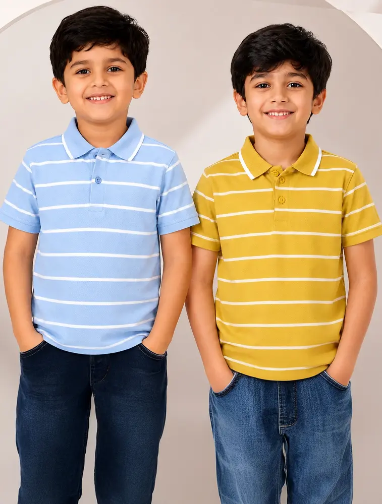 Denim Blue and Mustard Yellow Combo Boys Kids 190 GSM Striped Half Sleeve Polo T Shirt 