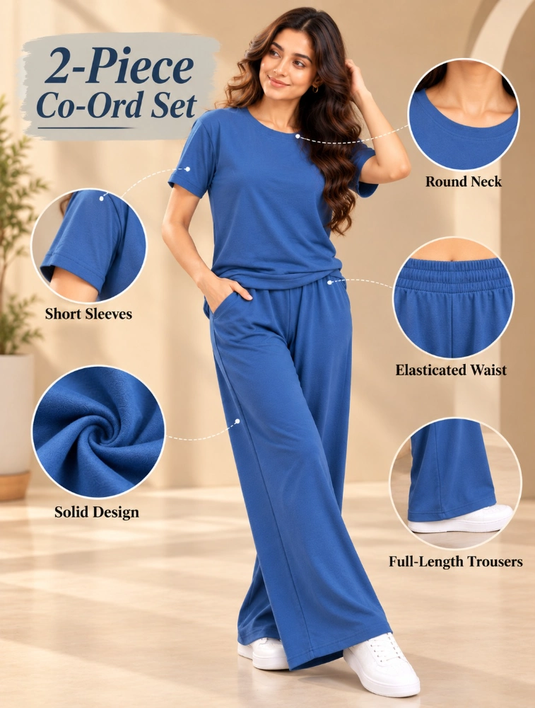 Denim blue Womens Micro Plain Casual CoOrd Set