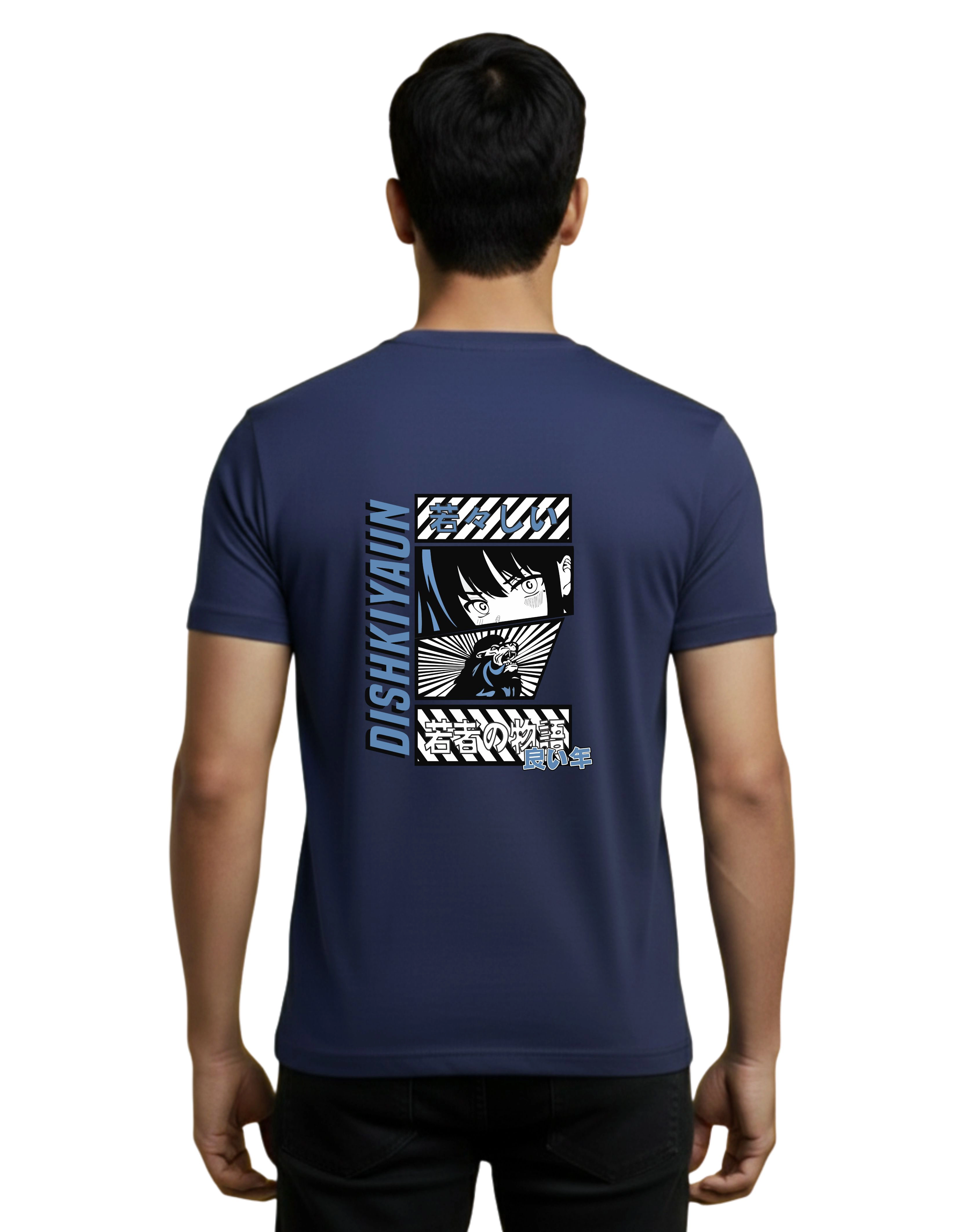 Dishkiyaun Anime Graphic Cotton Round Neck T-Shirt 180 GSM Navy Blue