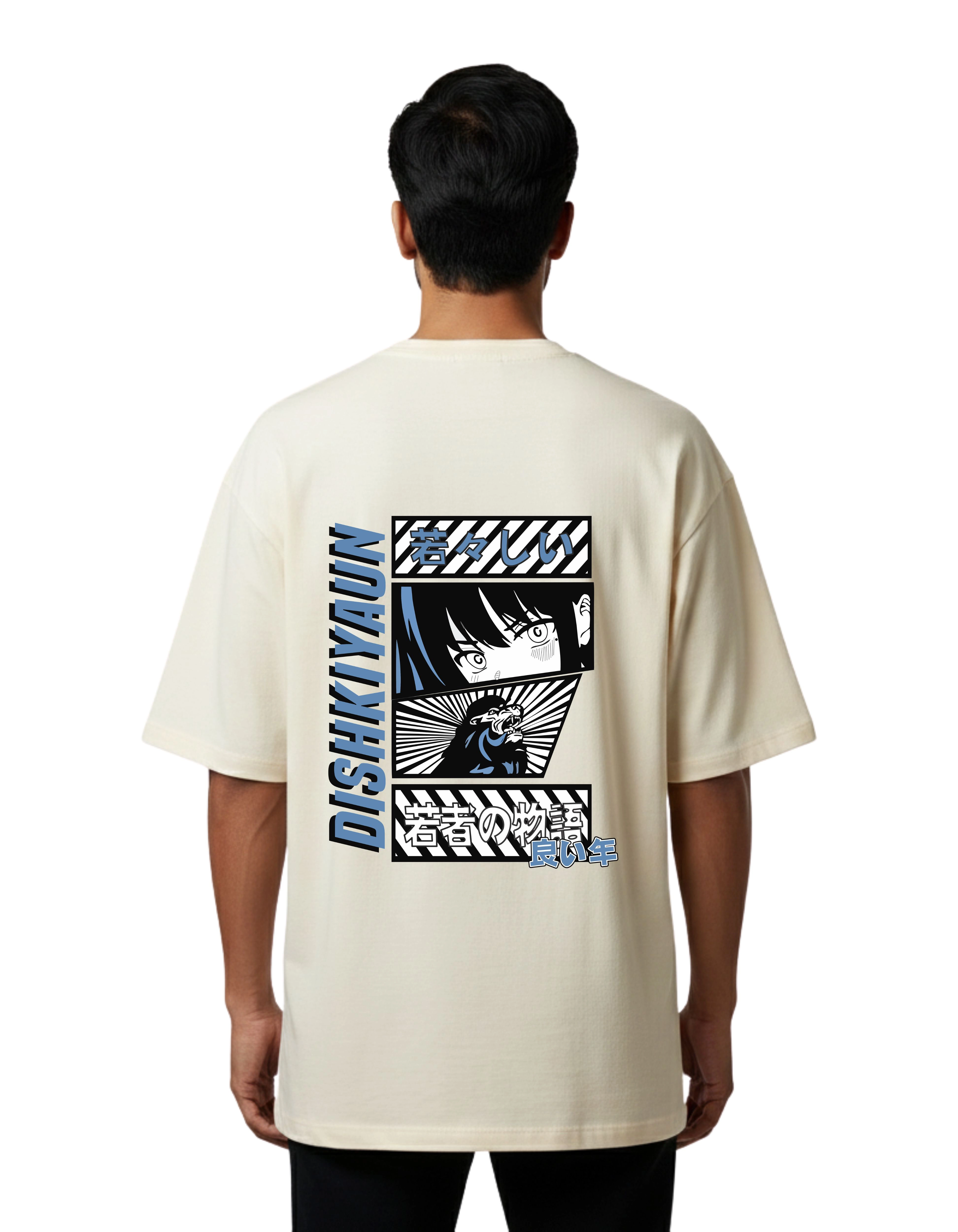 Dishkiyaun Anime Graphic Oversized Cotton French Terry T-Shirt 240 GSM Beige