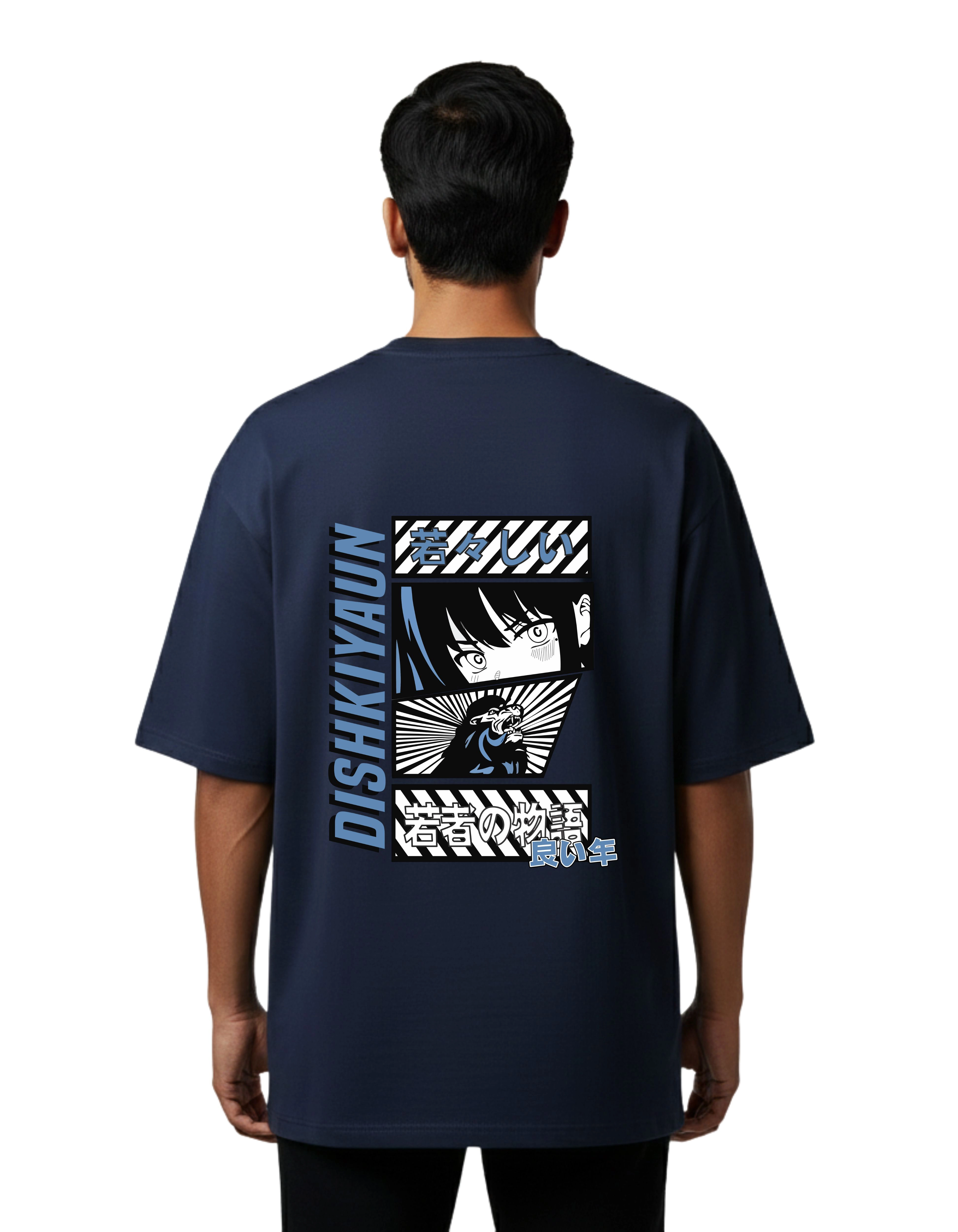 Dishkiyaun Anime Graphic Oversized Cotton French Terry T-Shirt 240 GSM Navy Blue
