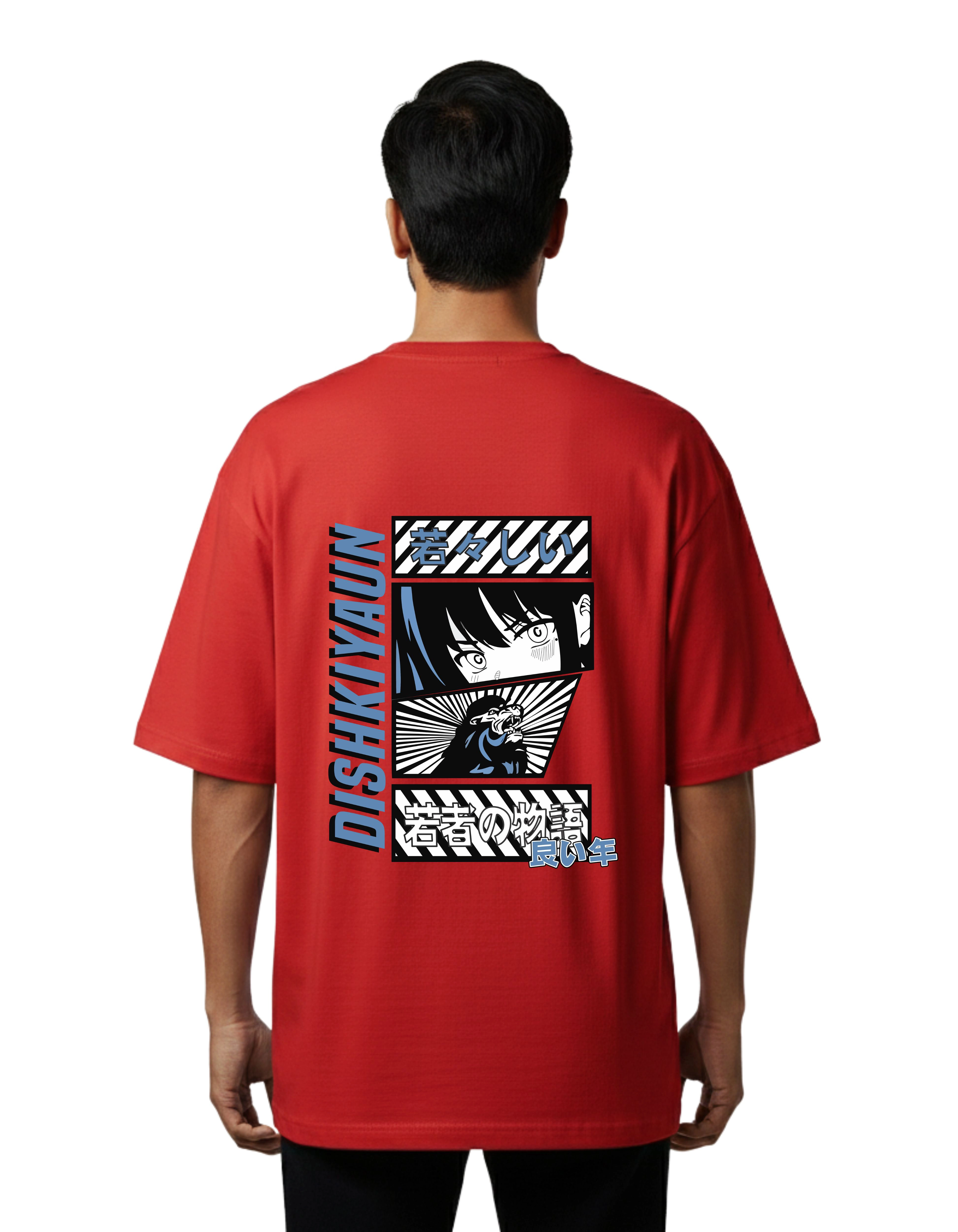 Dishkiyaun Anime Graphic Oversized Cotton French Terry T-Shirt 240 GSM Red