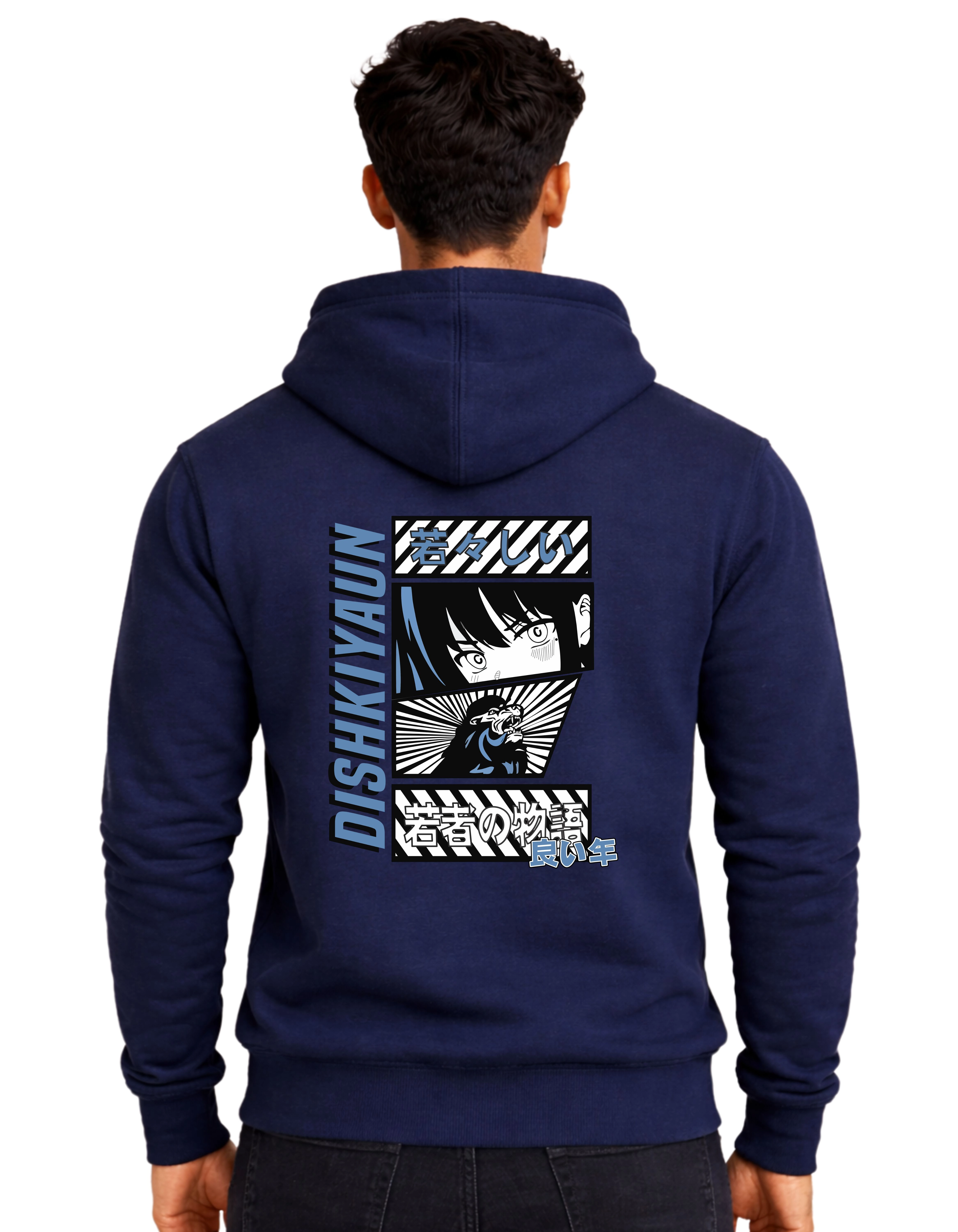 Dishkiyaun Anime Graphic Polycotton Hoodie Without Zipper 300 GSM Navy Blue