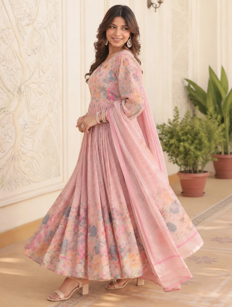 Dusky Mauve Pink  Embroidered Maxi  Gown and Dupatta  Set Ethnic Dresses
