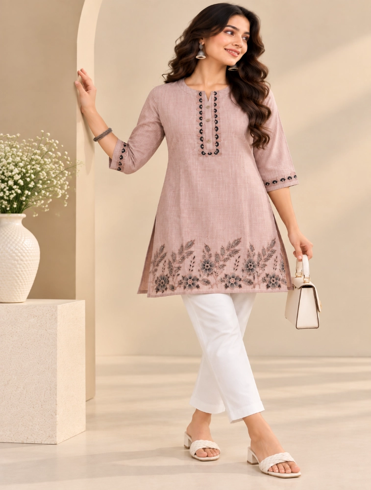Dusky Mauve Pink Womens Graceful Ethnic Embroidered Kurta