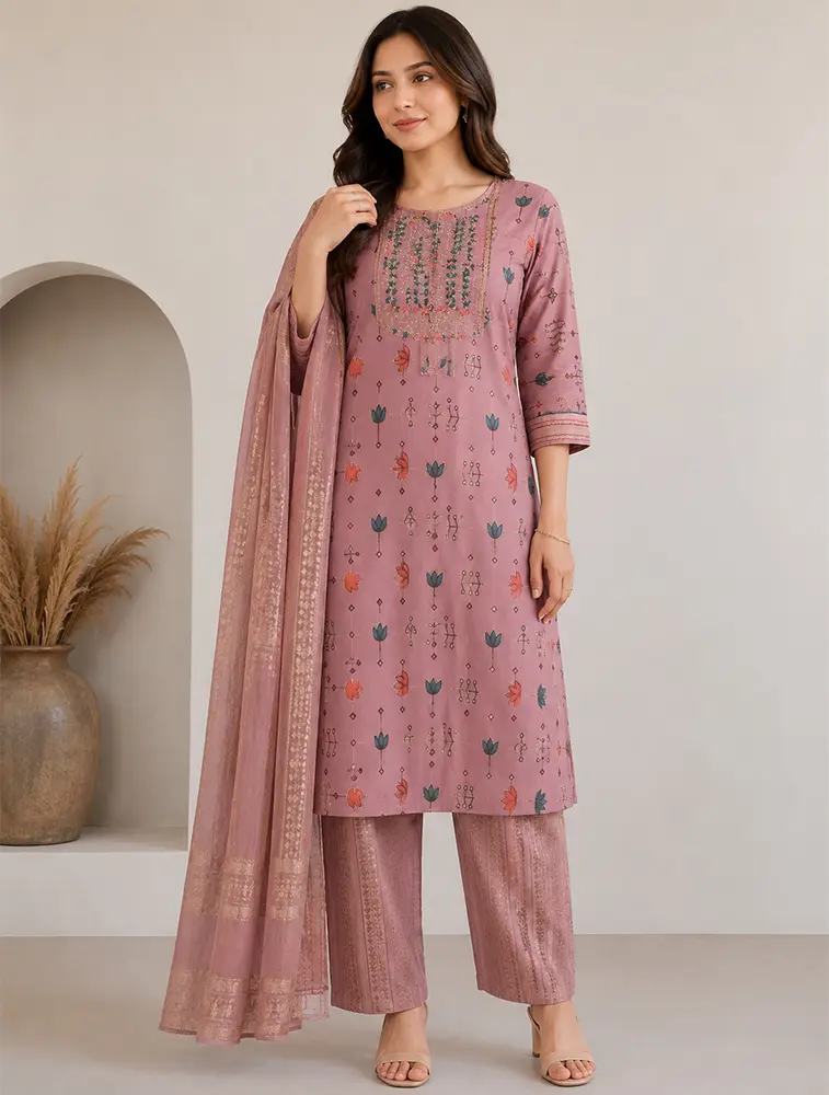 Dusky Mauve pink Womens Floral Printed Rayon Fabric Kurtha Set With Dupatta 