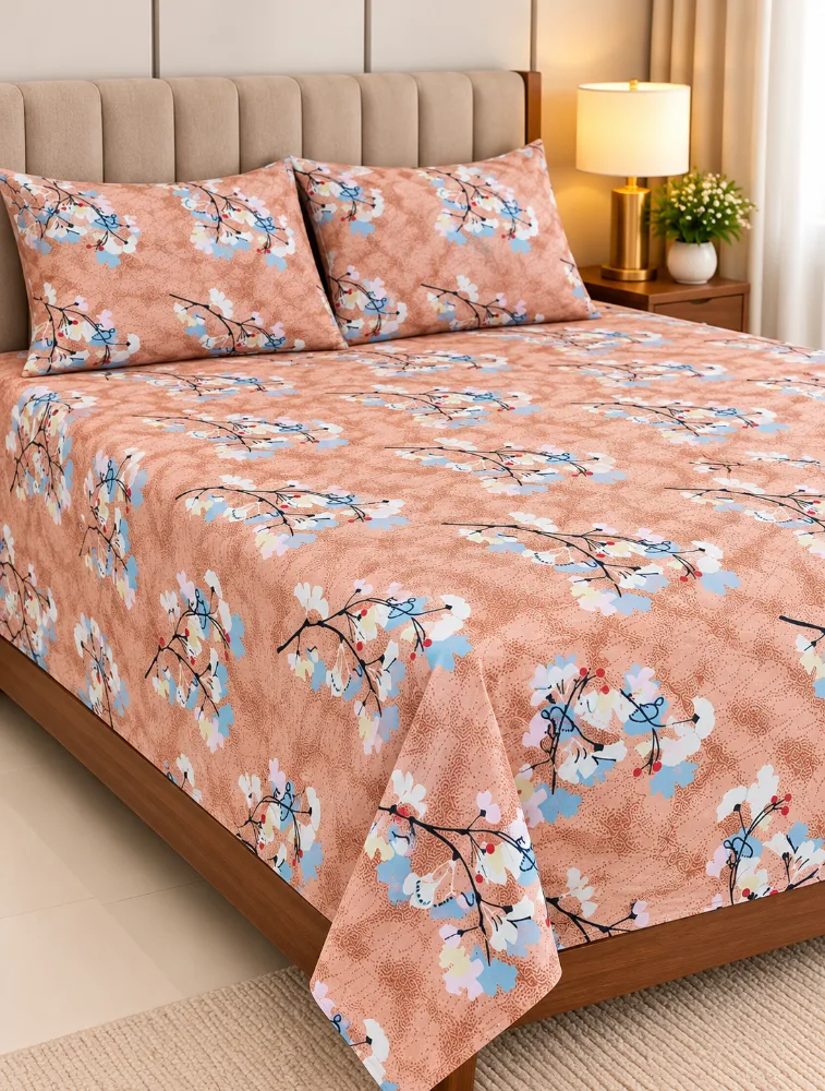 Dusty Rose 90 x 100 Inches Cotton Printed Double Coat Queen Size Bedsheet with 2 Pillow Covers