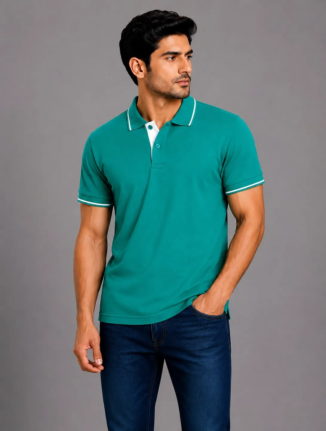 Electric Green Mens Premium Cotton 270 GSM Half Sleeve Polo T Shirt With White Collar And Sleeve Tipping