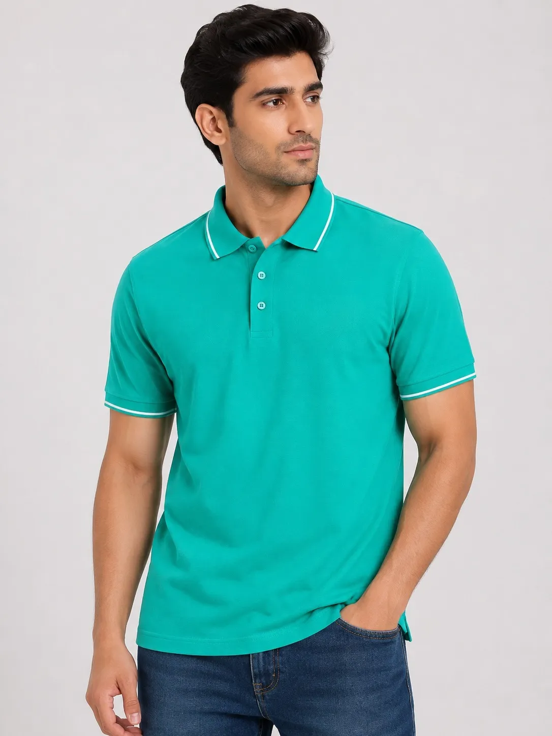 Electric Green Mens Premiun Cotton 270 GSN Half Sleeve Polo T Shirt With White Collar And Sleeve Tipping