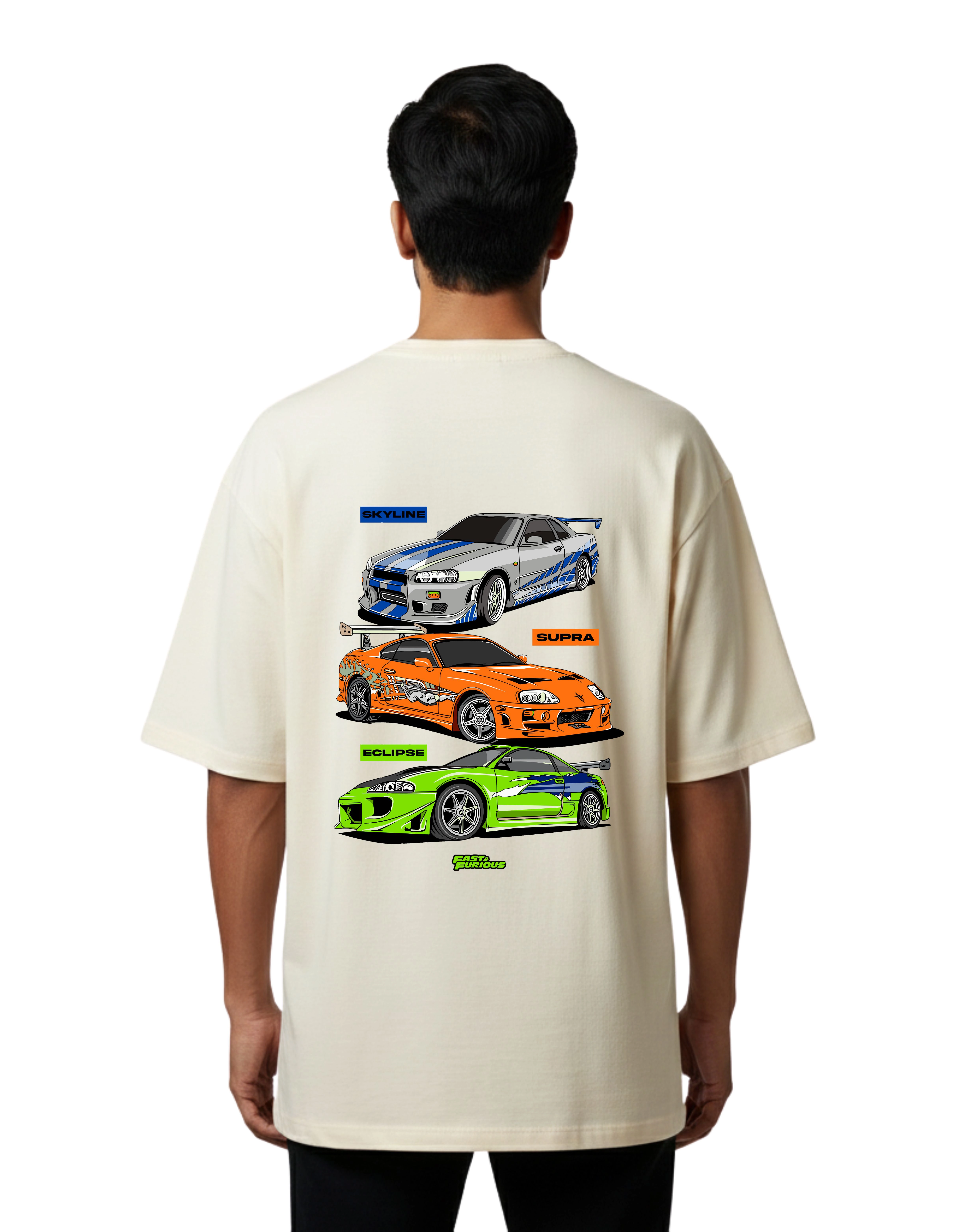 Fast & Furious Skyline Supra Eclipse Graphic Oversized French Terry 240 GSM T-Shirt Beige