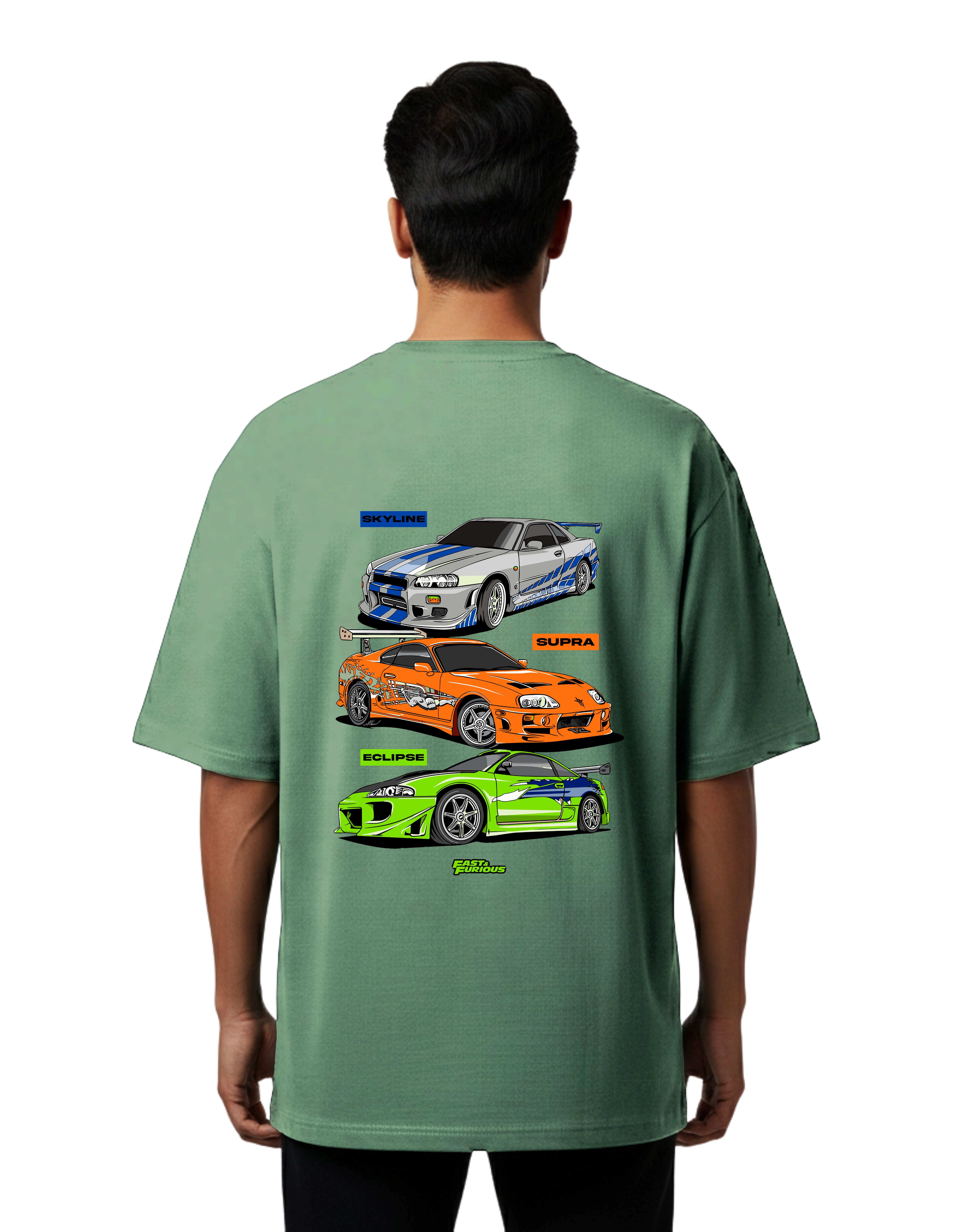 Fast & Furious Skyline Supra Eclipse Graphic Oversized French Terry 240 GSM T-Shirt D Green