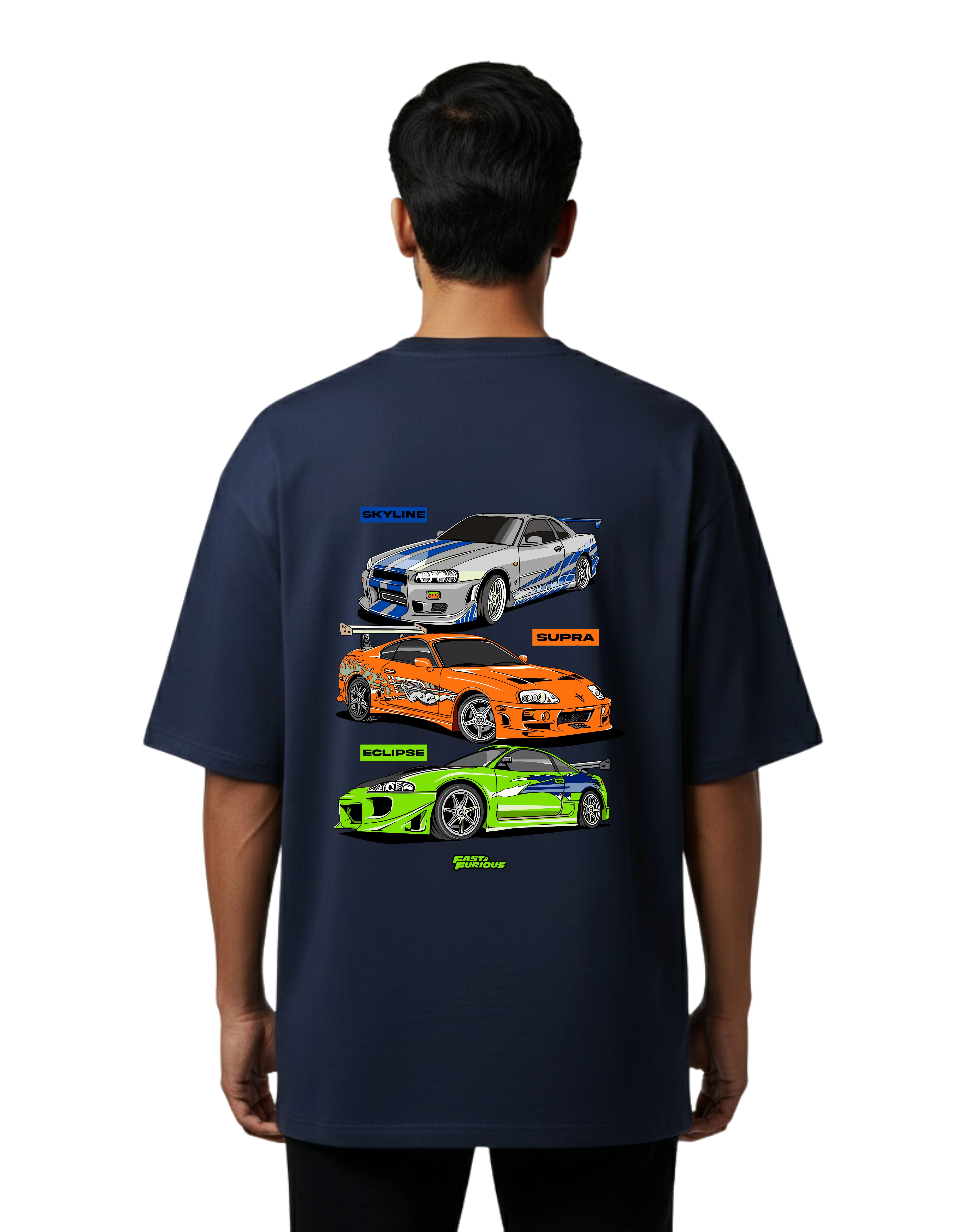 Fast & Furious Skyline Supra Eclipse Graphic Oversized French Terry 240 GSM T-Shirt Navy Blue