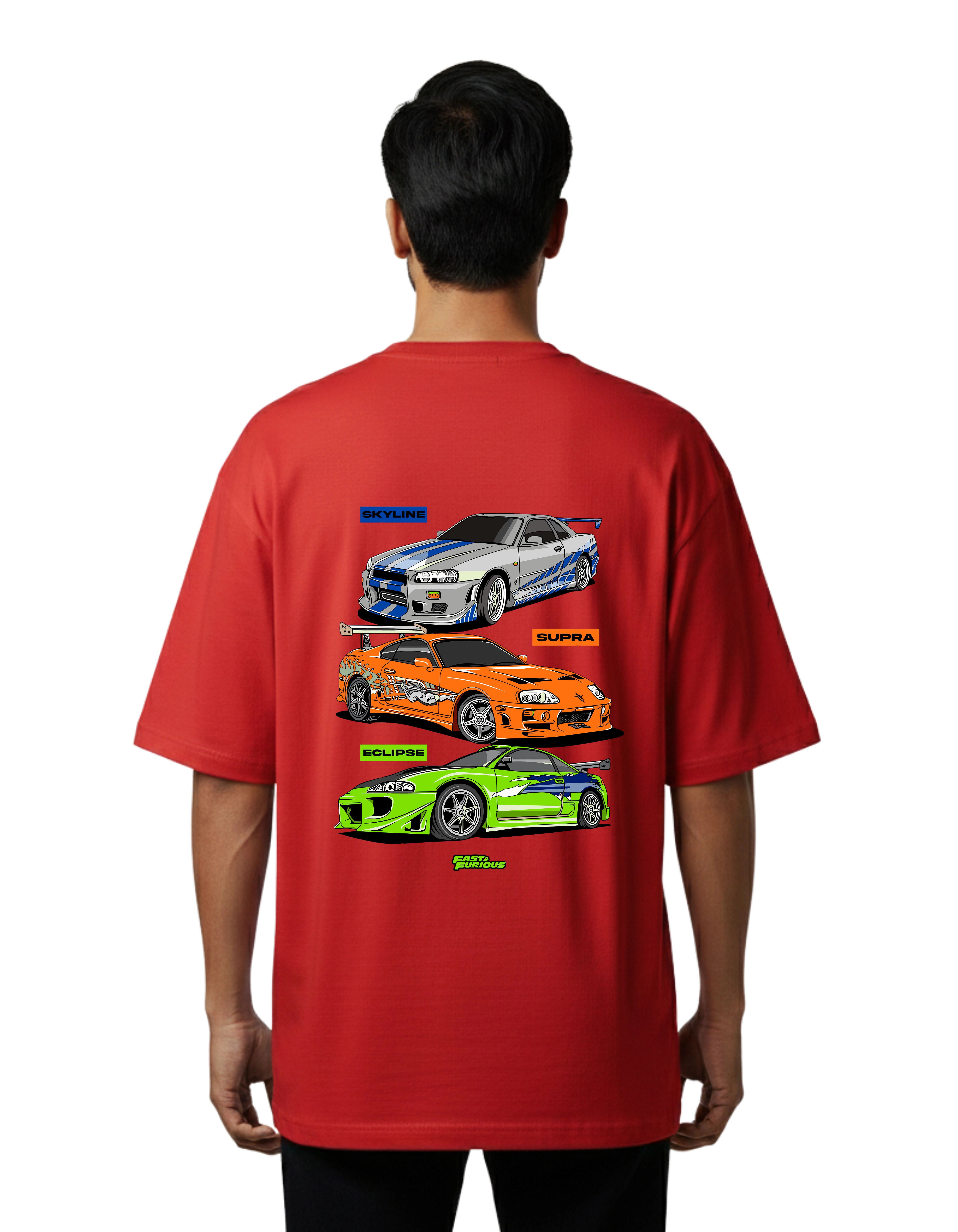 Fast & Furious Skyline Supra Eclipse Graphic Oversized French Terry 240 GSM T-Shirt Red