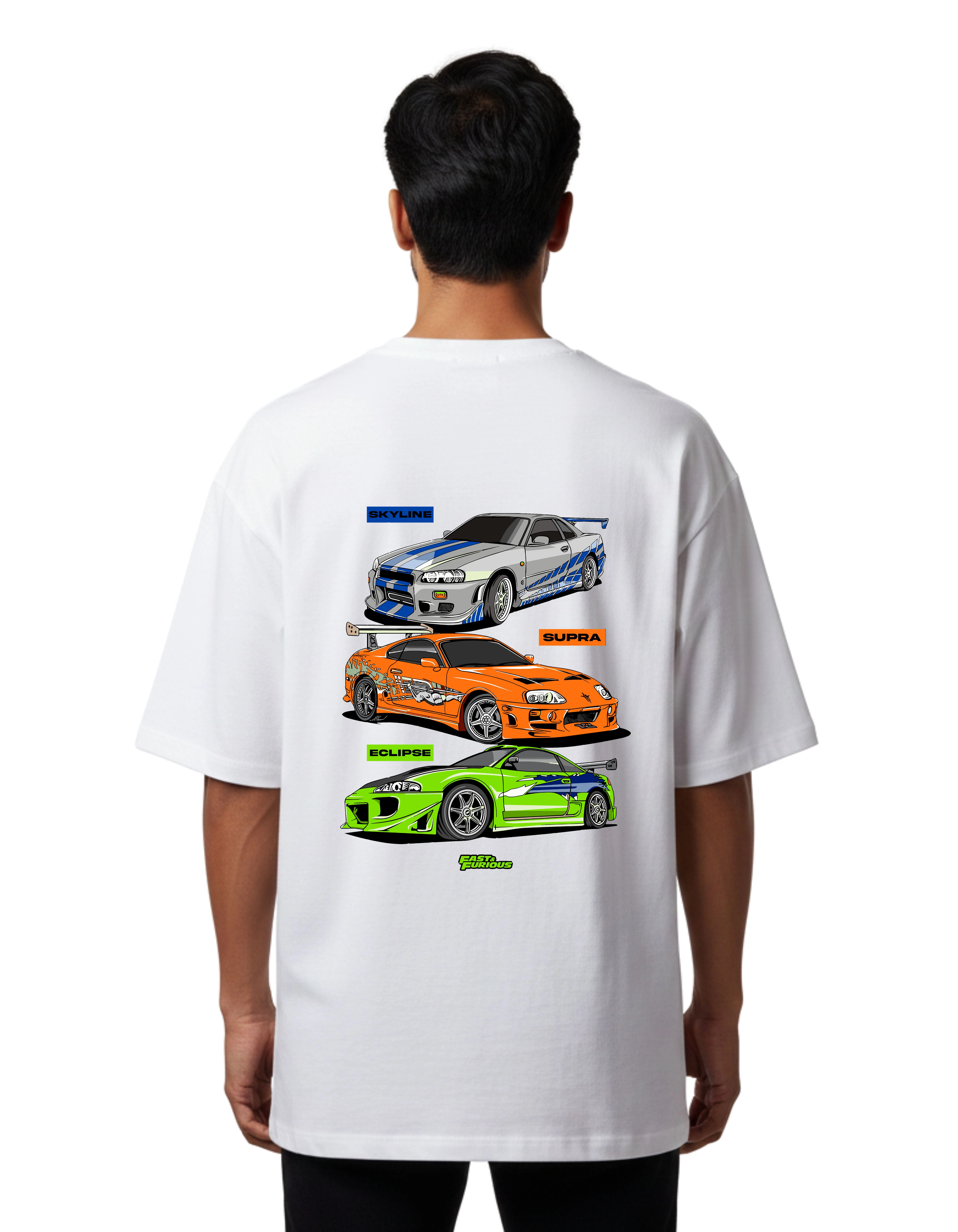 Fast & Furious Skyline Supra Eclipse Graphic Oversized French Terry 240 GSM T-Shirt White