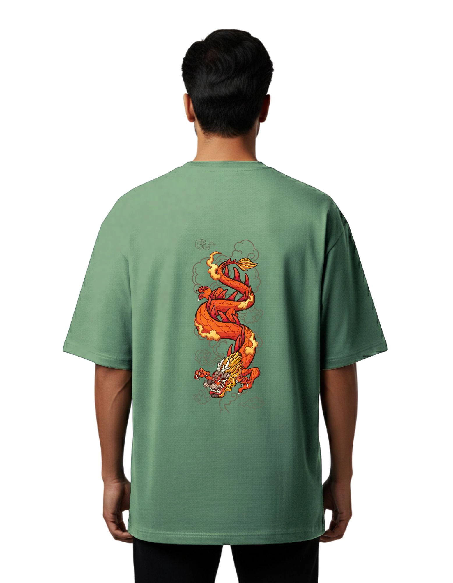Fire Dragon Oversized Cotton French Terry T-Shirt 240 GSM D Green