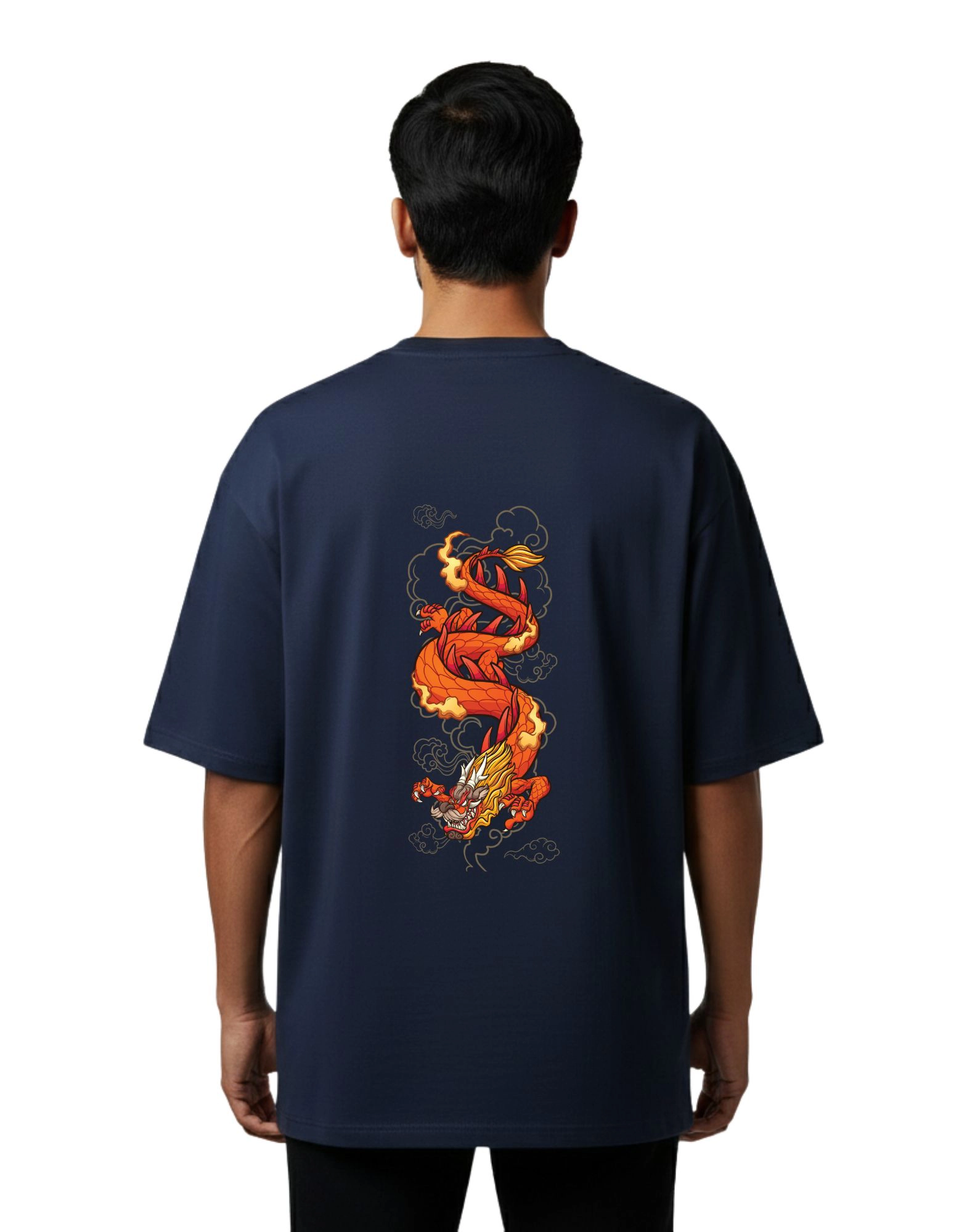 Fire Dragon Oversized Cotton French Terry T-Shirt 240 GSM Navy Blue