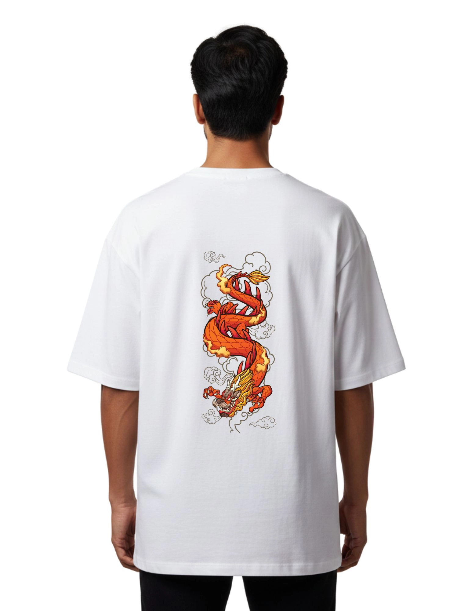 Fire Dragon Oversized Cotton French Terry T-Shirt 240 GSM White