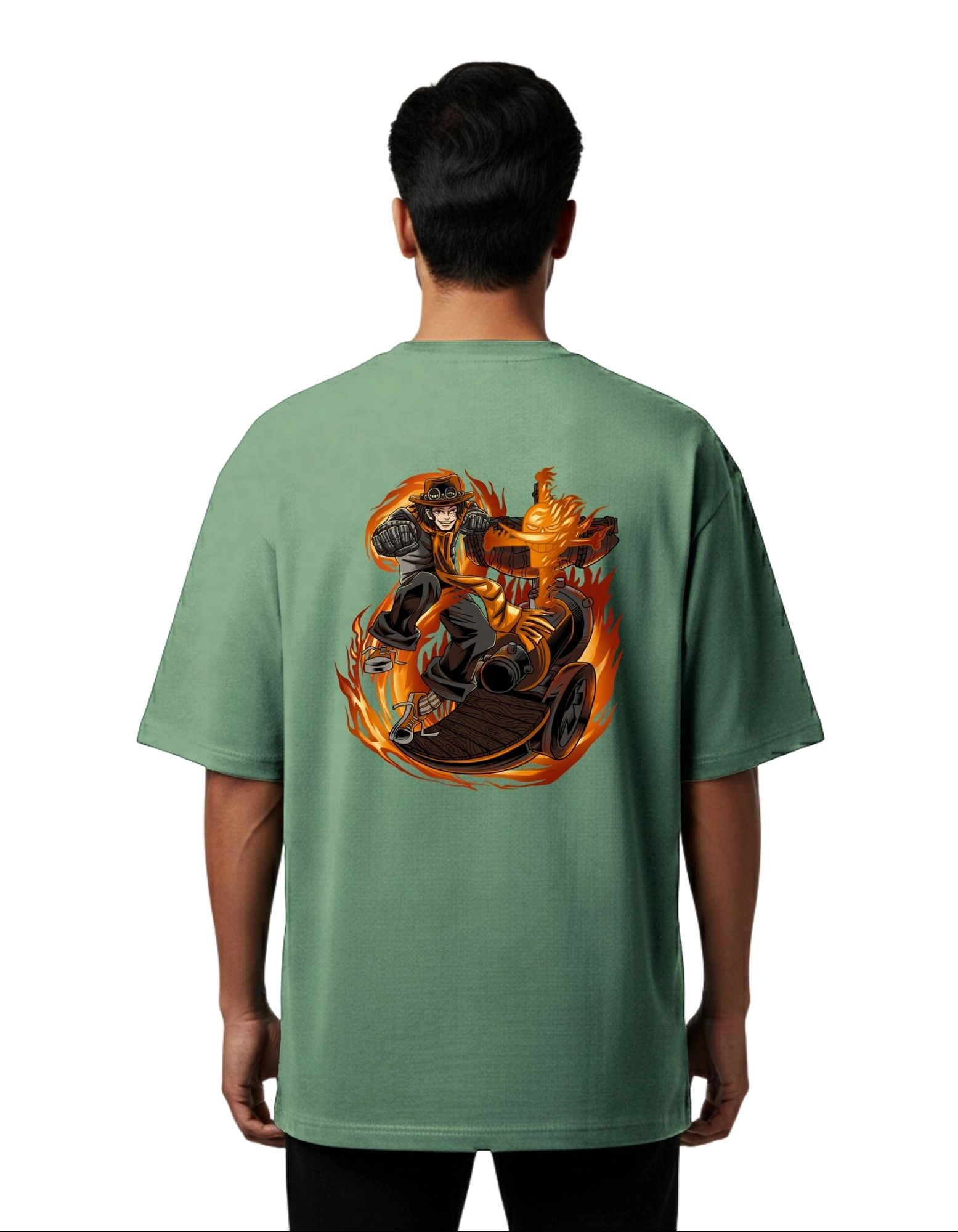 Fire Man Ace Street Graphic Oversize Cotton French Terry T-Shirt 240 GSM D Green