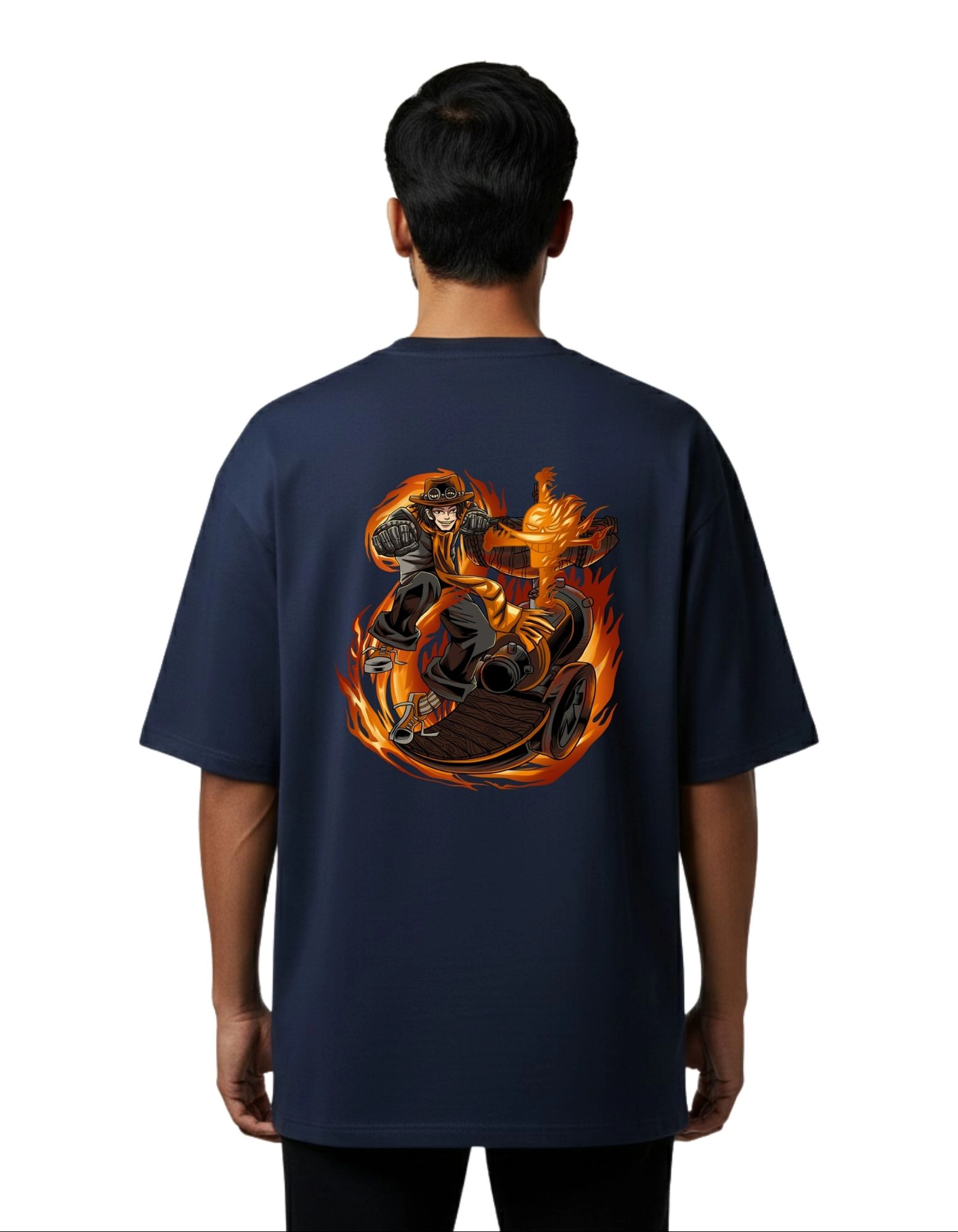 Fire Man Ace Street Graphic Oversize Cotton French Terry T-Shirt 240 GSM Navy Blue
