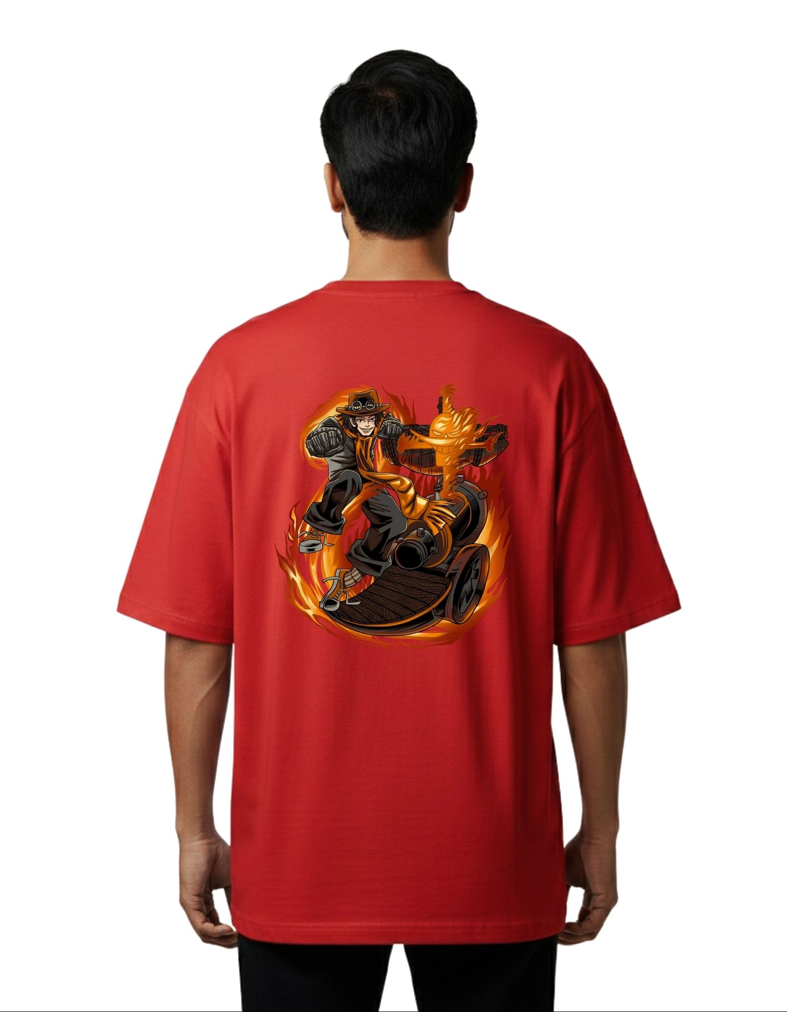 Fire Man Ace Street Graphic Oversize Cotton French Terry T-Shirt 240 GSM Red