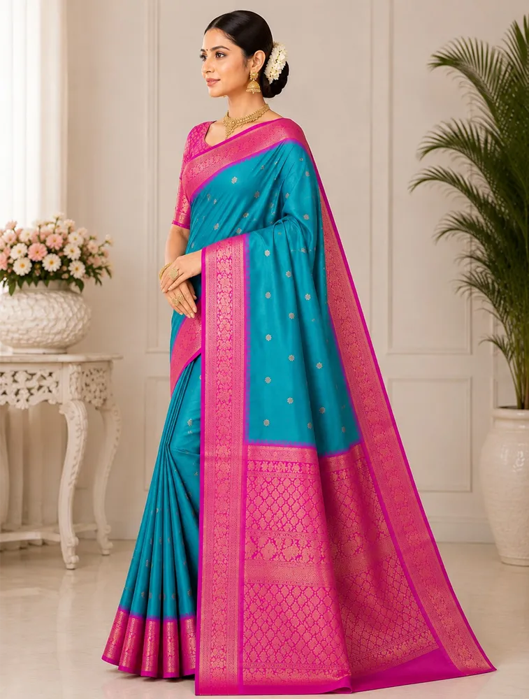 Firozi Blue Womens Premium Semi Gadwal Saree