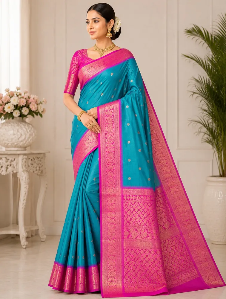 Firozi Blue Womens Premium Semi Gadwal Saree 