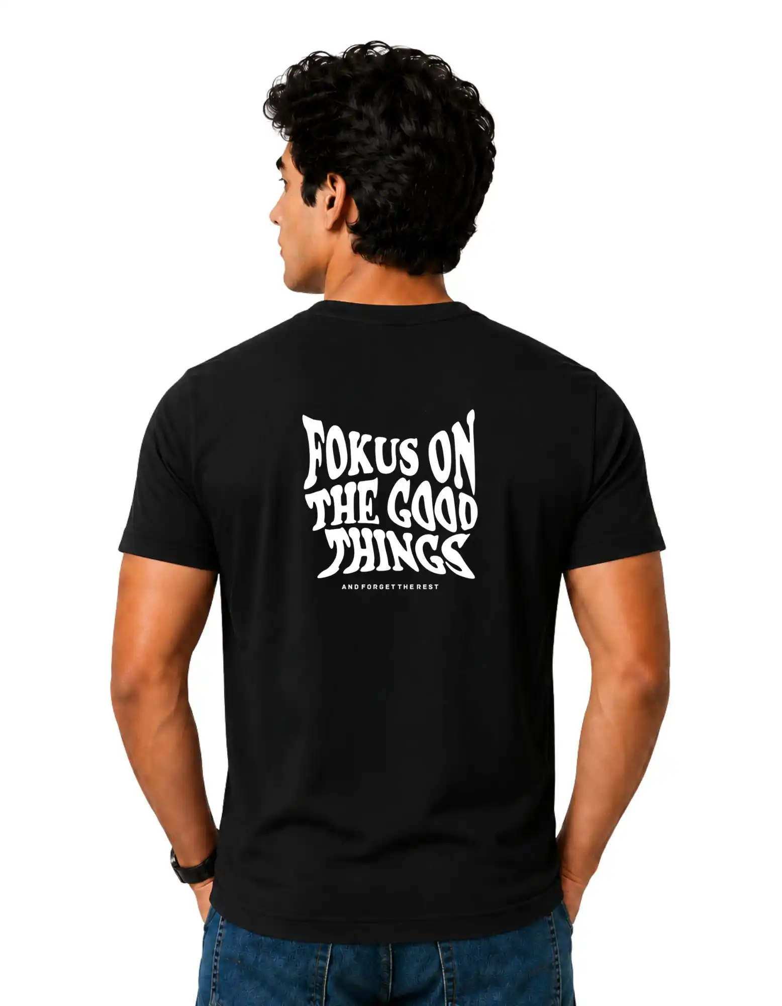 Fokus On The Good Things Cotton Round Neck T-Shirt 180 GSM Black